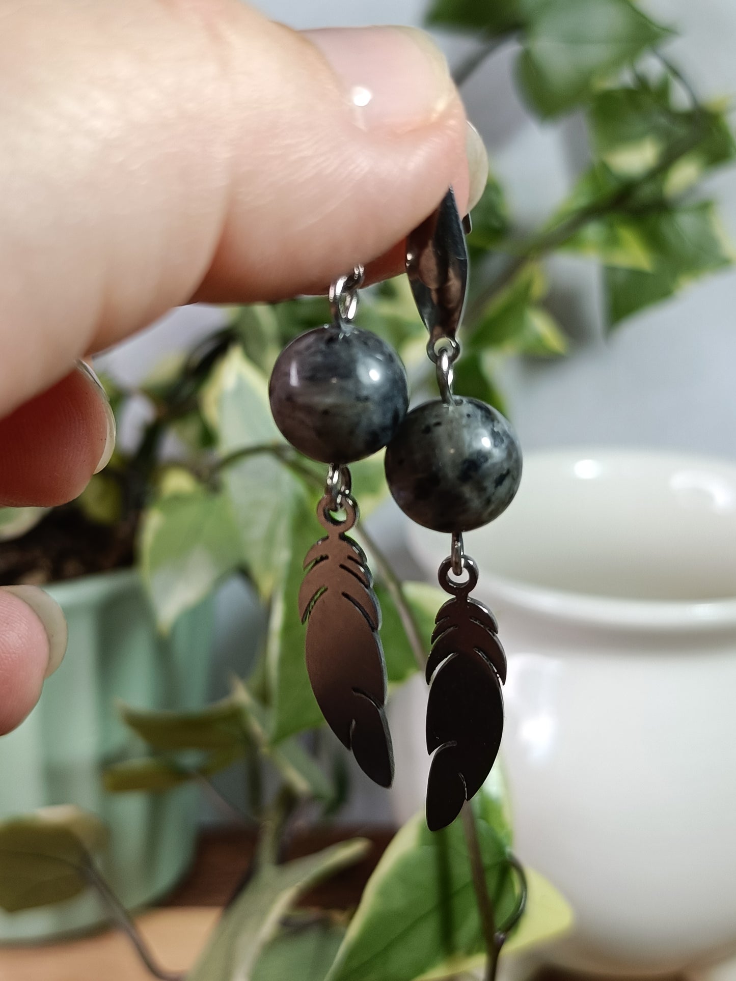 Larvikite and Feather Earrings - Stainless Steel