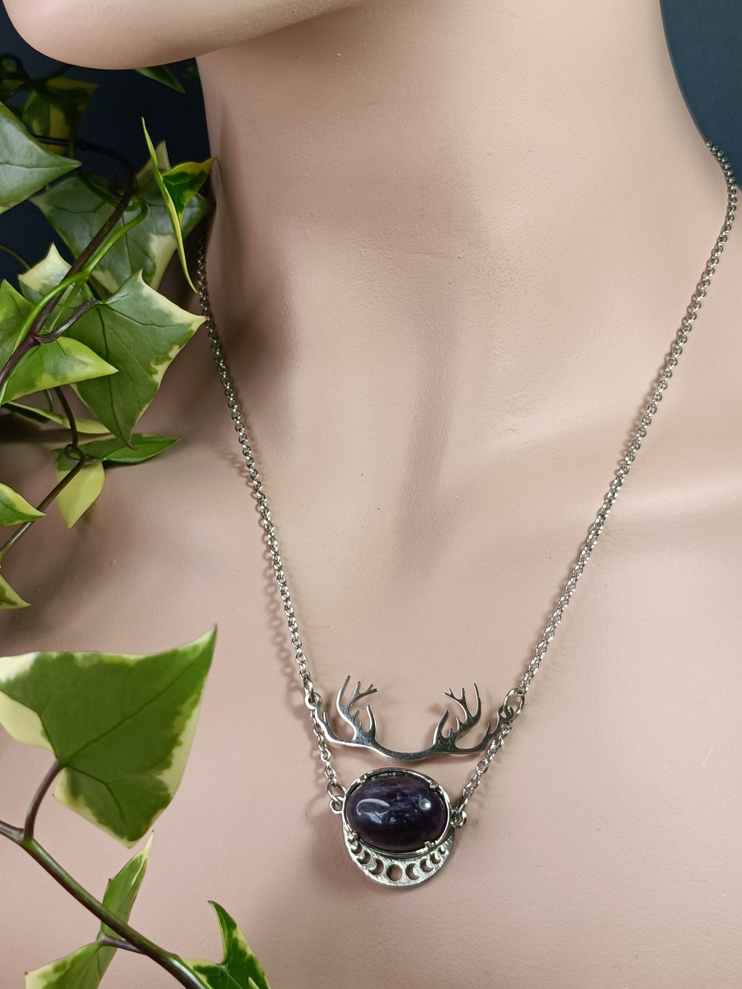 Antler and Moon Phase Amethyst Necklace - Stainless Steel