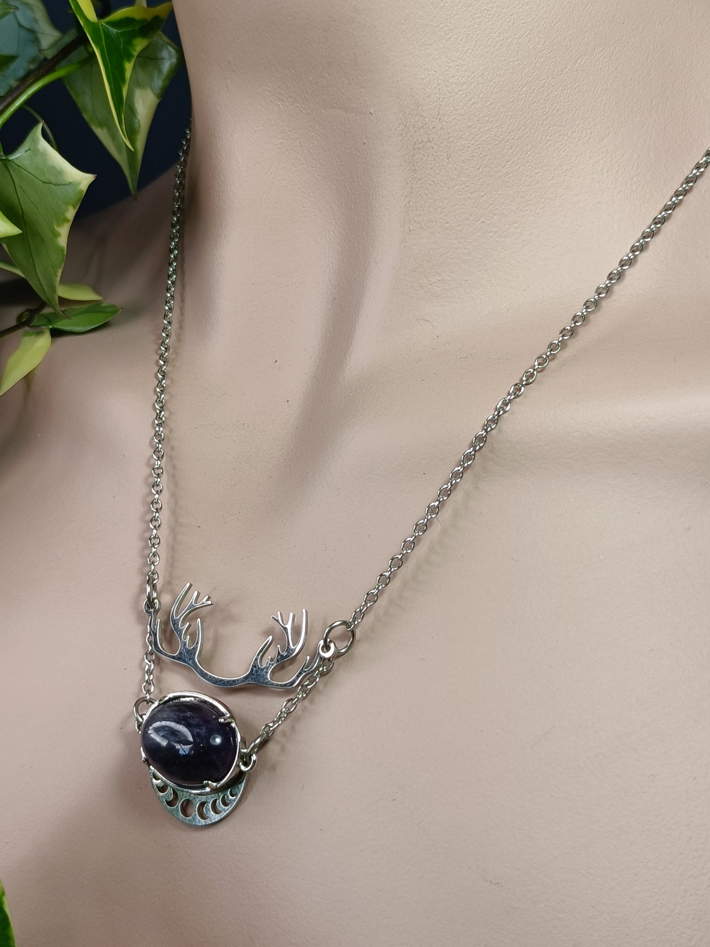 Antler and Moon Phase Amethyst Necklace - Stainless Steel