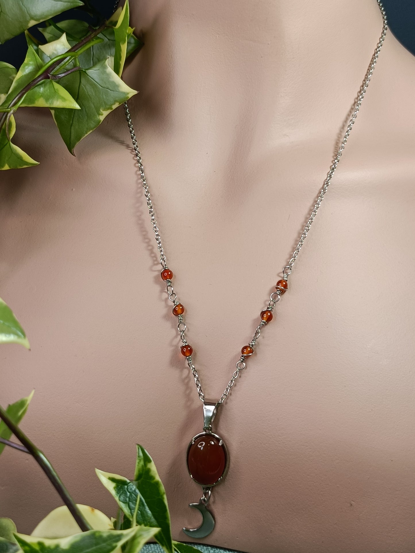Carnelian Moon Drop Necklace - Stainless Steel