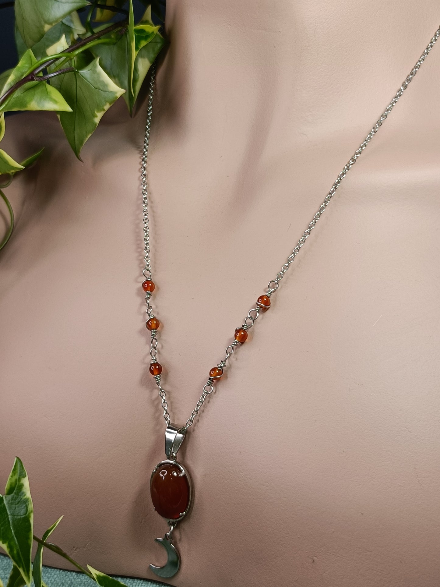Carnelian Moon Drop Necklace - Stainless Steel