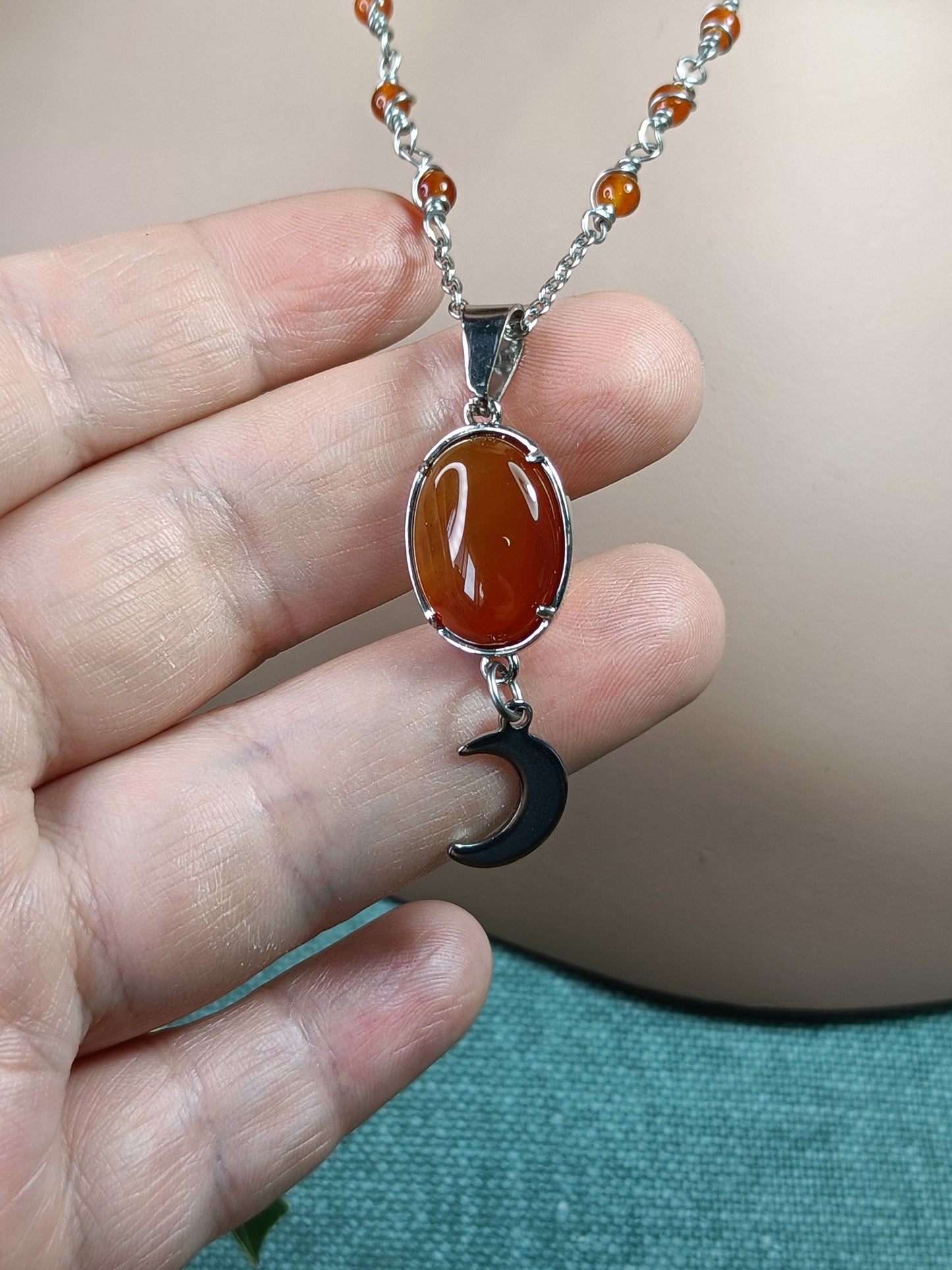Carnelian Moon Drop Necklace - Stainless Steel