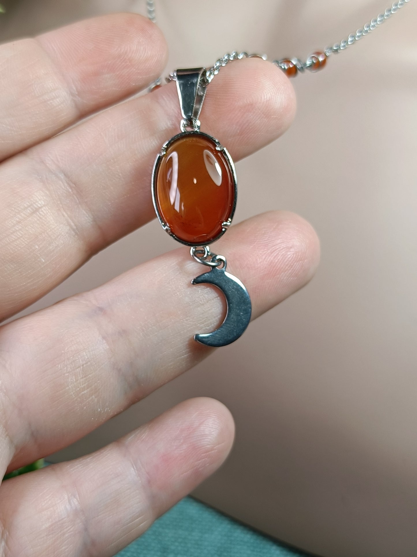 Carnelian Moon Drop Necklace - Stainless Steel