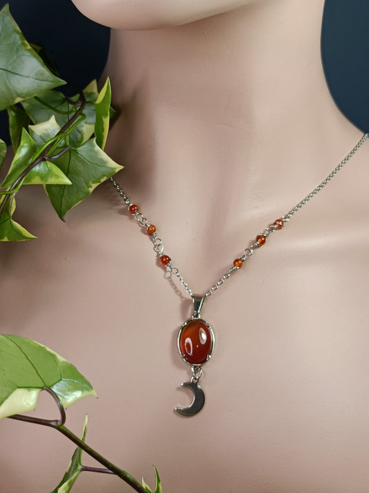 Carnelian Moon Drop Necklace - Stainless Steel
