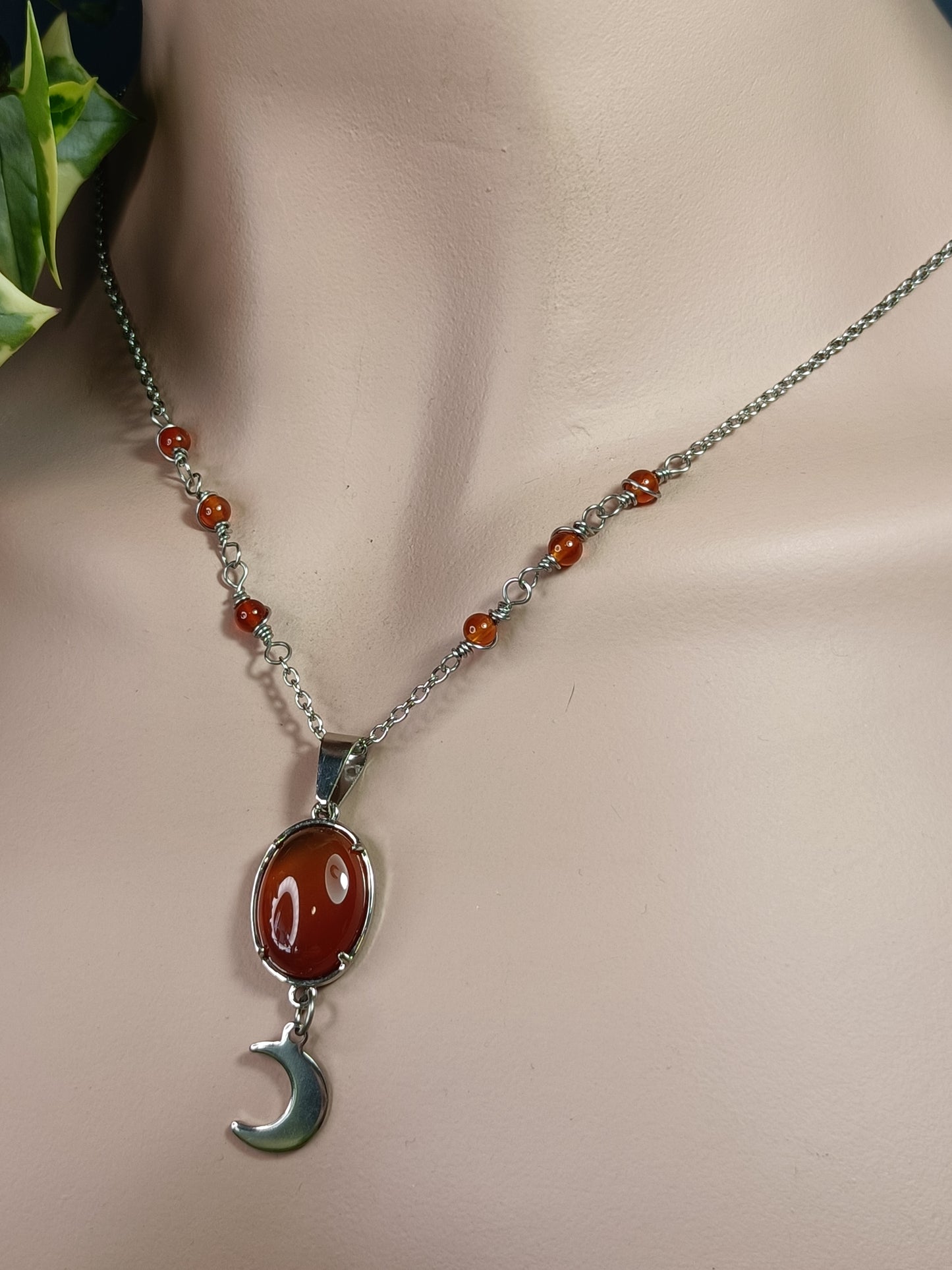 Carnelian Moon Drop Necklace - Stainless Steel