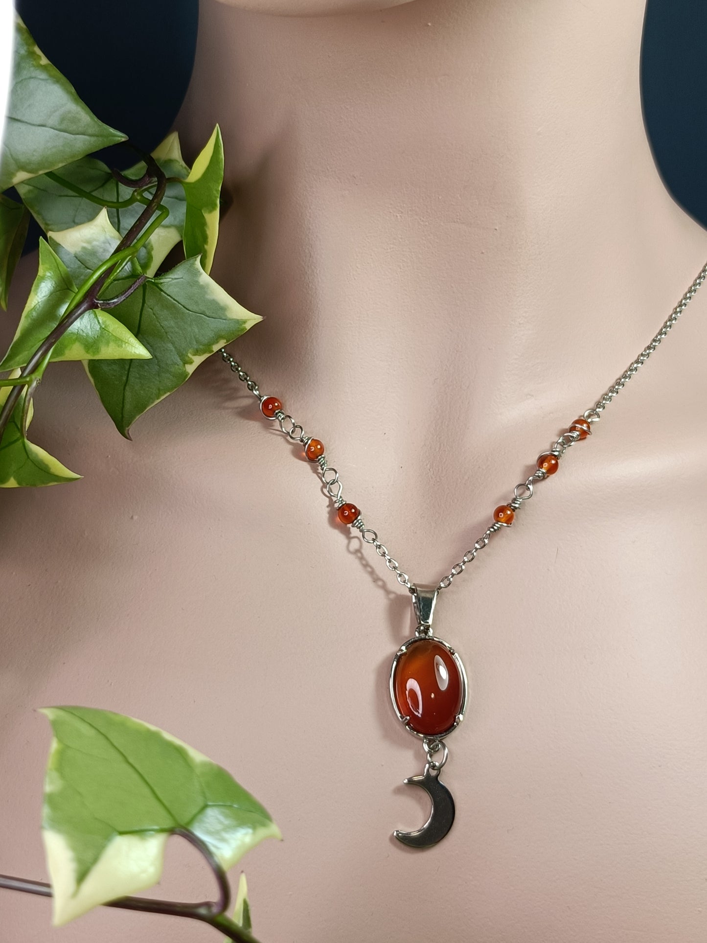 Carnelian Moon Drop Necklace - Stainless Steel