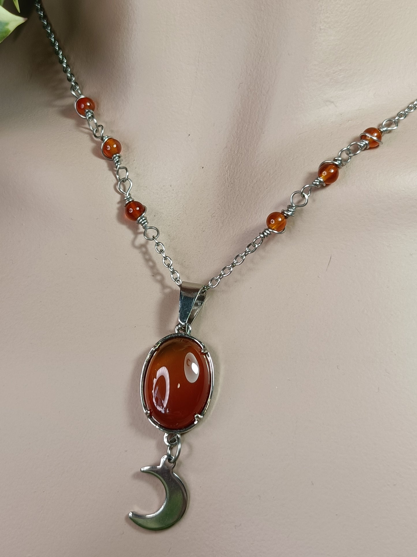 Carnelian Moon Drop Necklace - Stainless Steel