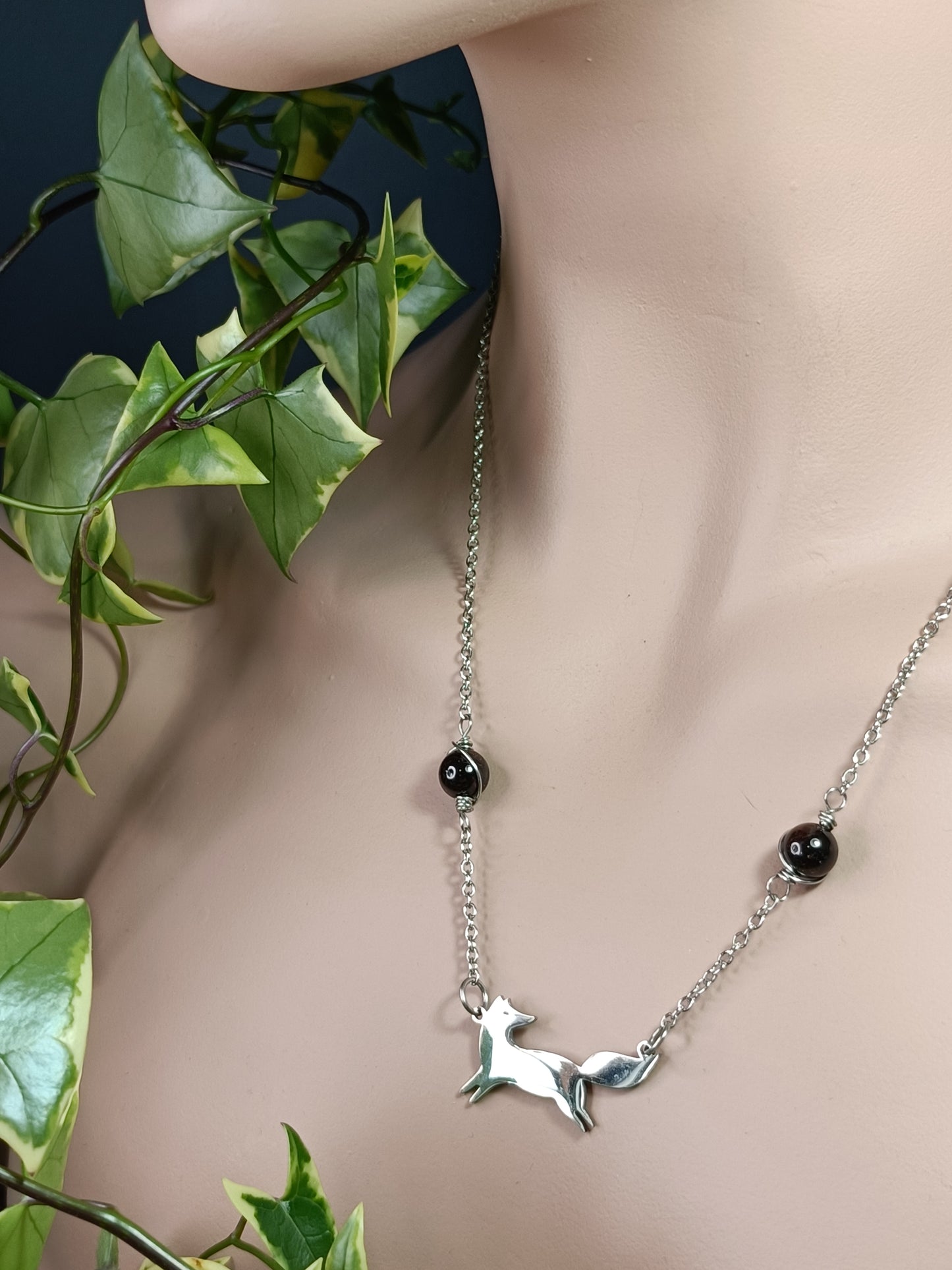 Garnet Frolicking Fox Necklace - Stainless Steel