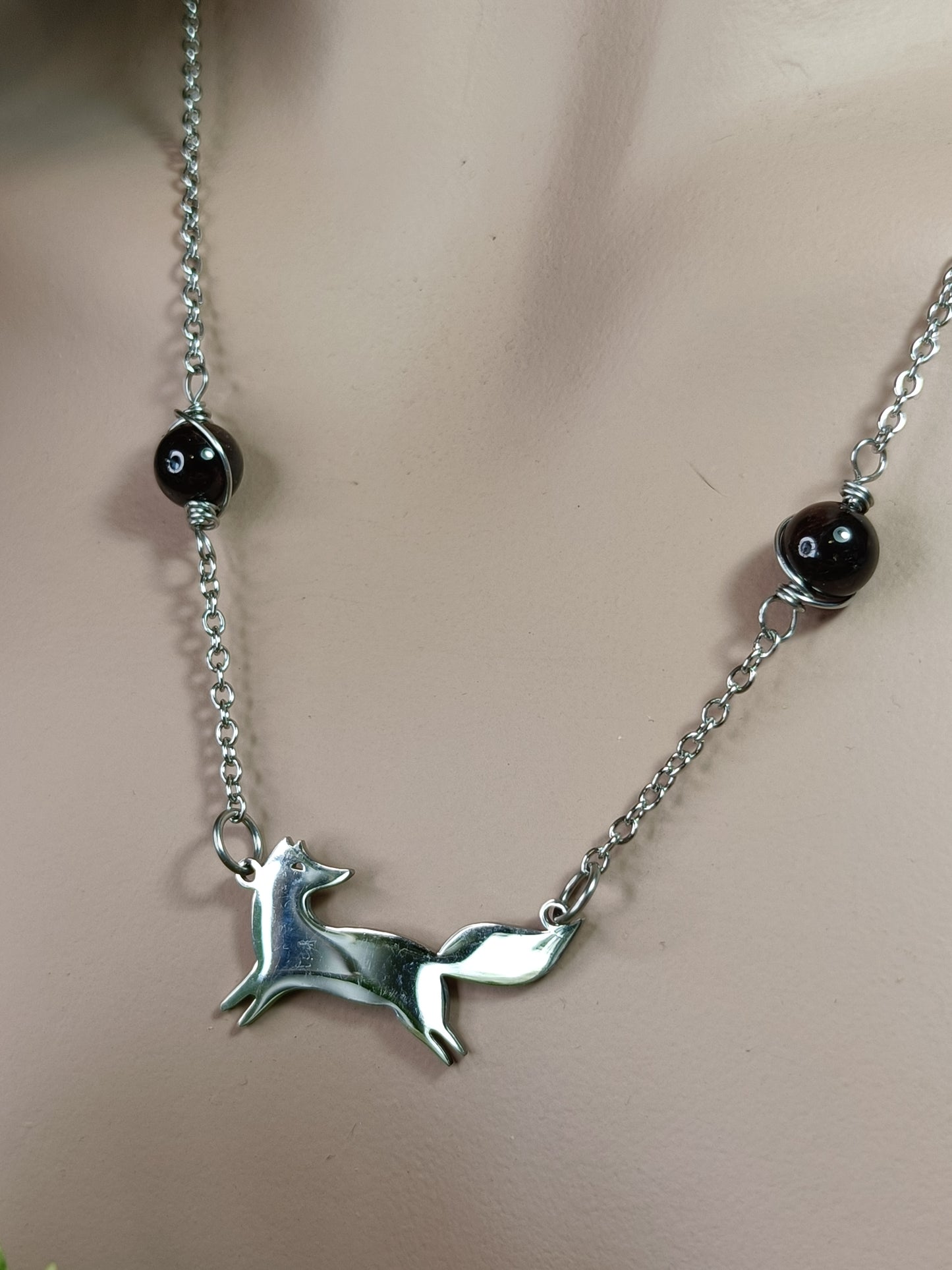 Garnet Frolicking Fox Necklace - Stainless Steel