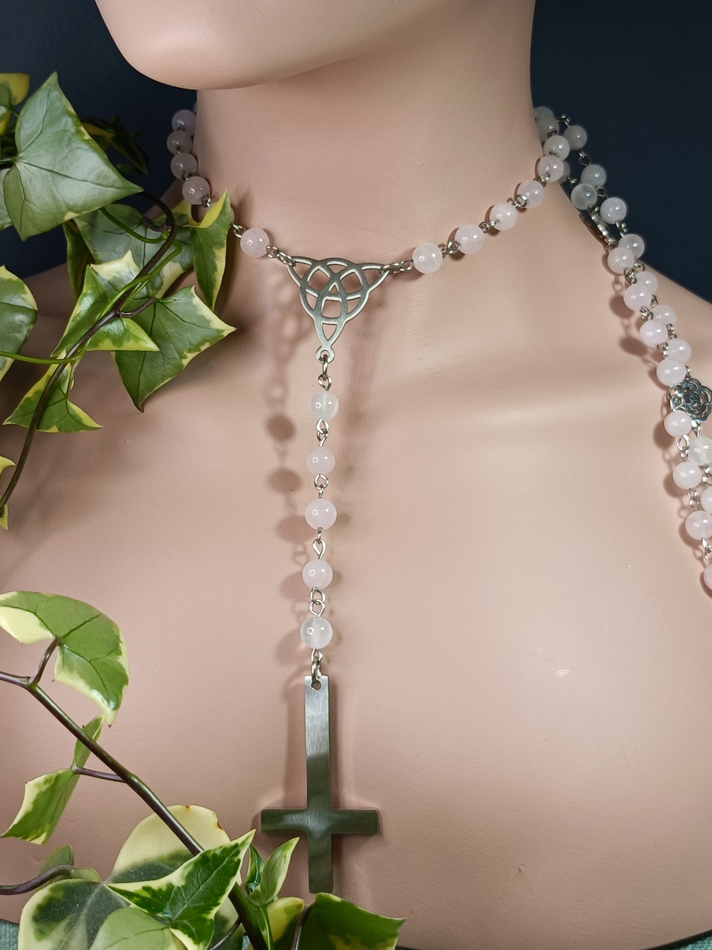 Rose Quartz & Selenite Rosary Necklace - Stainless Steel