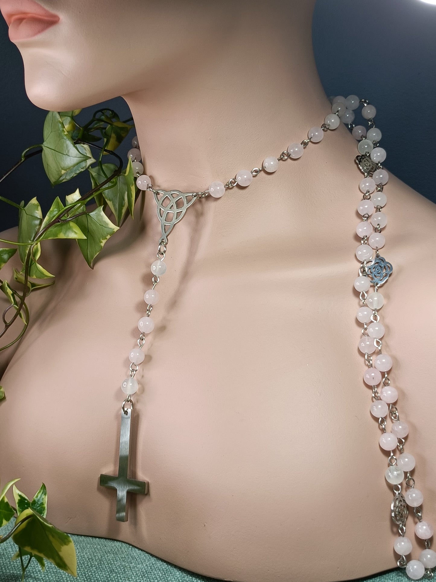 Rose Quartz & Selenite Rosary Necklace - Stainless Steel