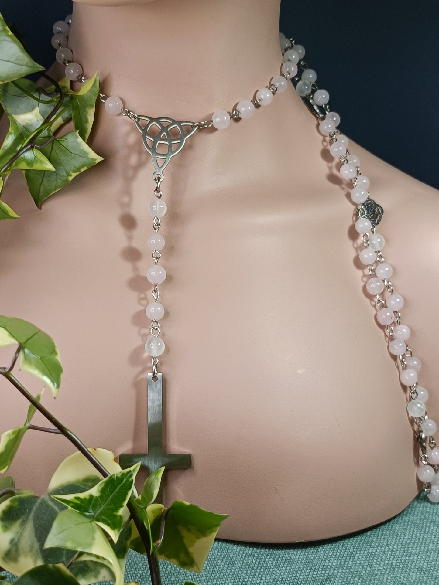 Rose Quartz & Selenite Rosary Necklace - Stainless Steel