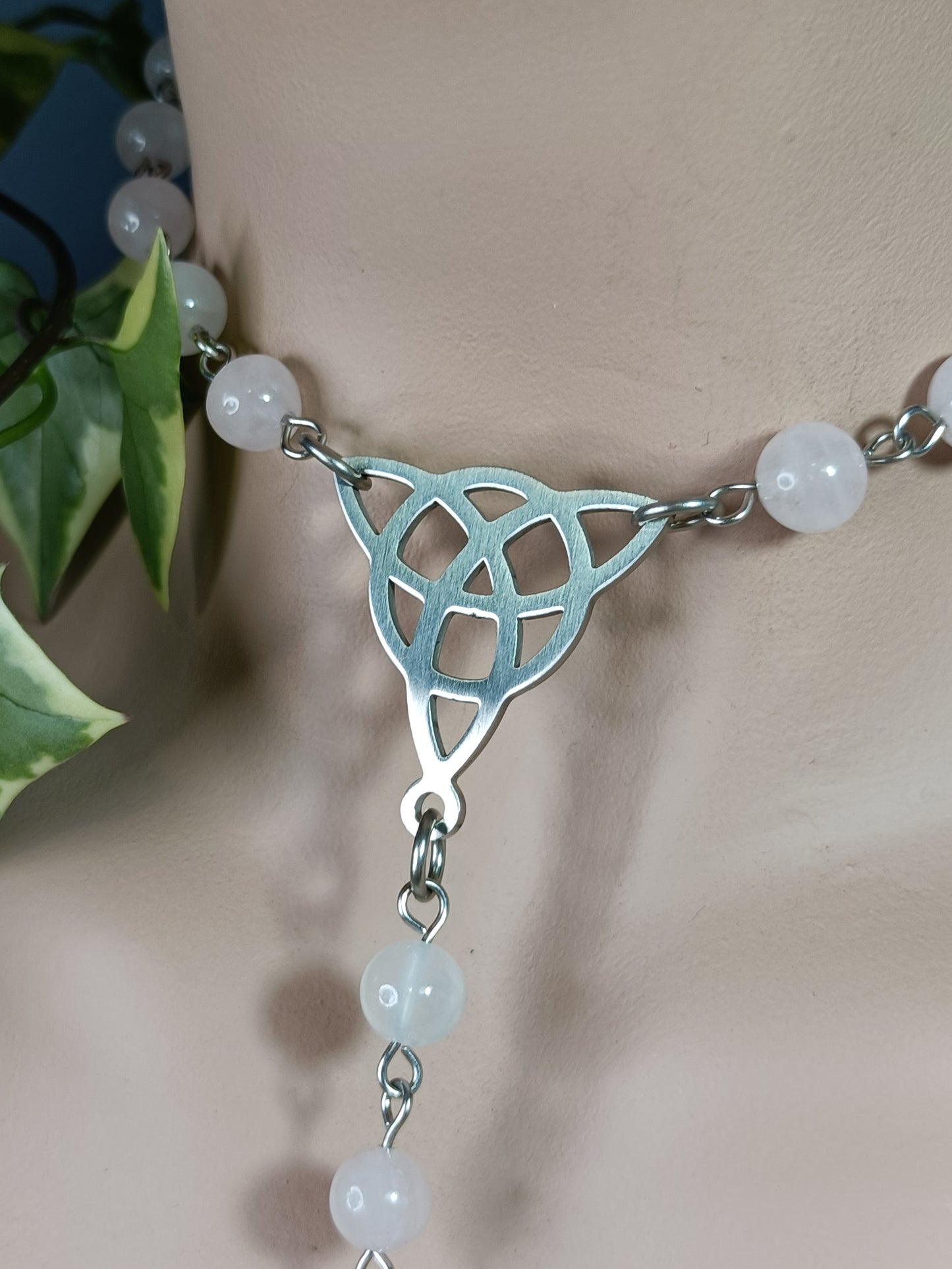 Rose Quartz & Selenite Rosary Necklace - Stainless Steel