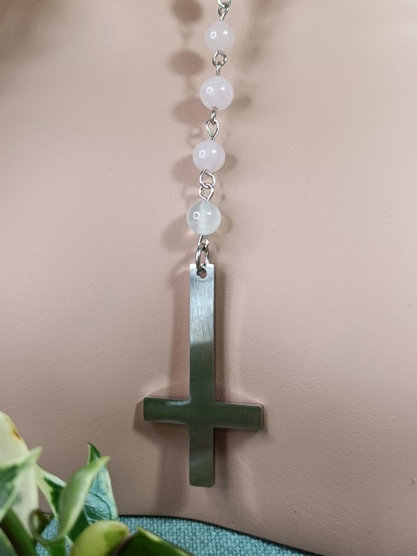 Rose Quartz & Selenite Rosary Necklace - Stainless Steel