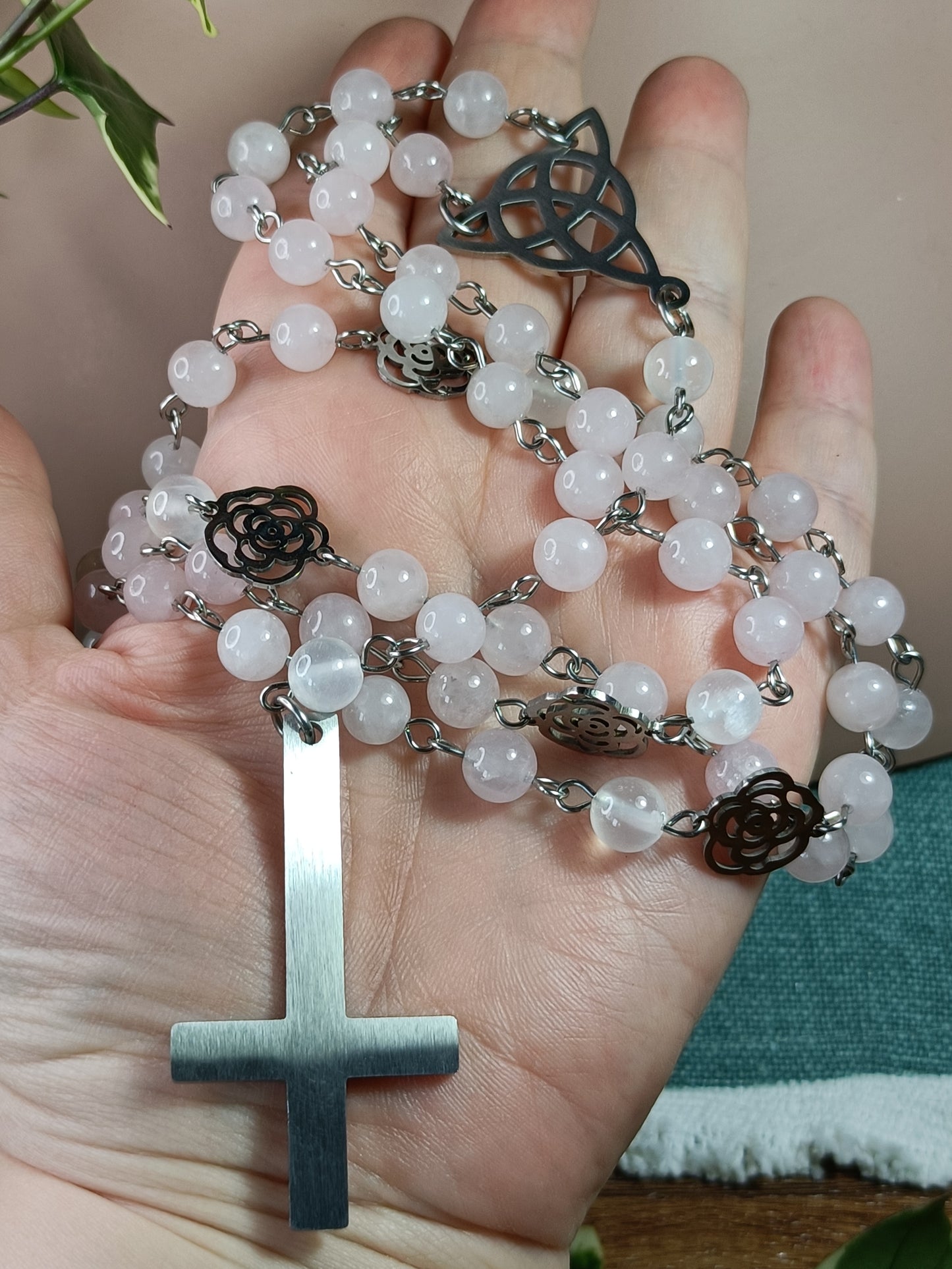 Rose Quartz & Selenite Rosary Necklace - Stainless Steel