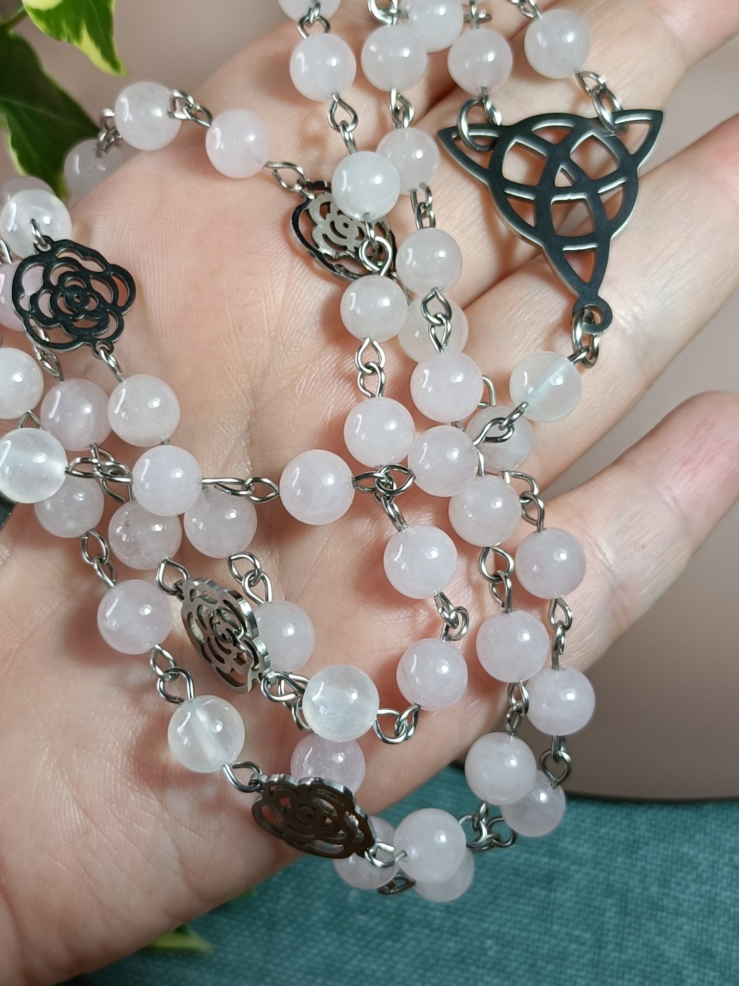 Rose Quartz & Selenite Rosary Necklace - Stainless Steel