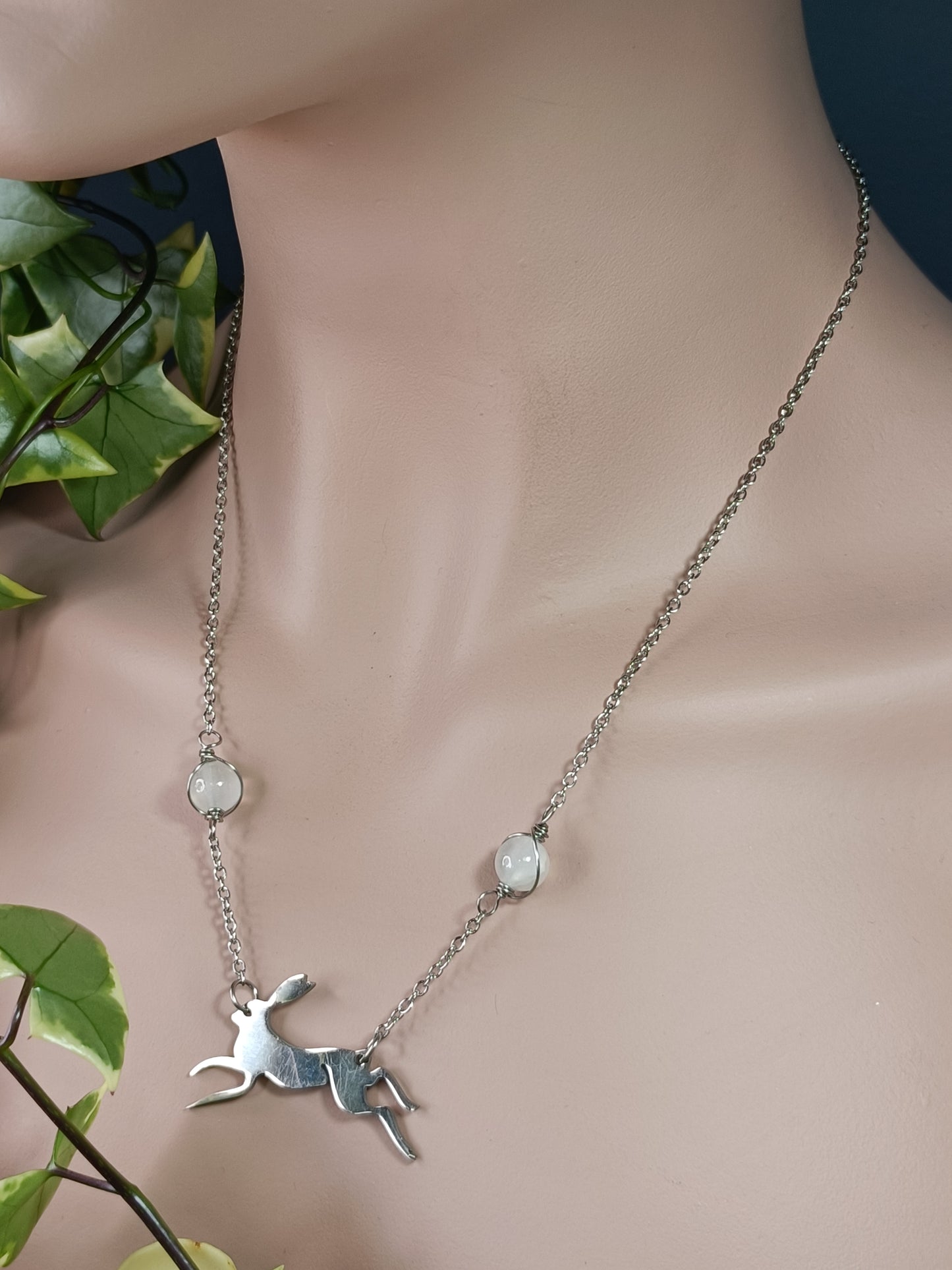 Selenite Dancing Rabbit Necklace - Stainless Steel