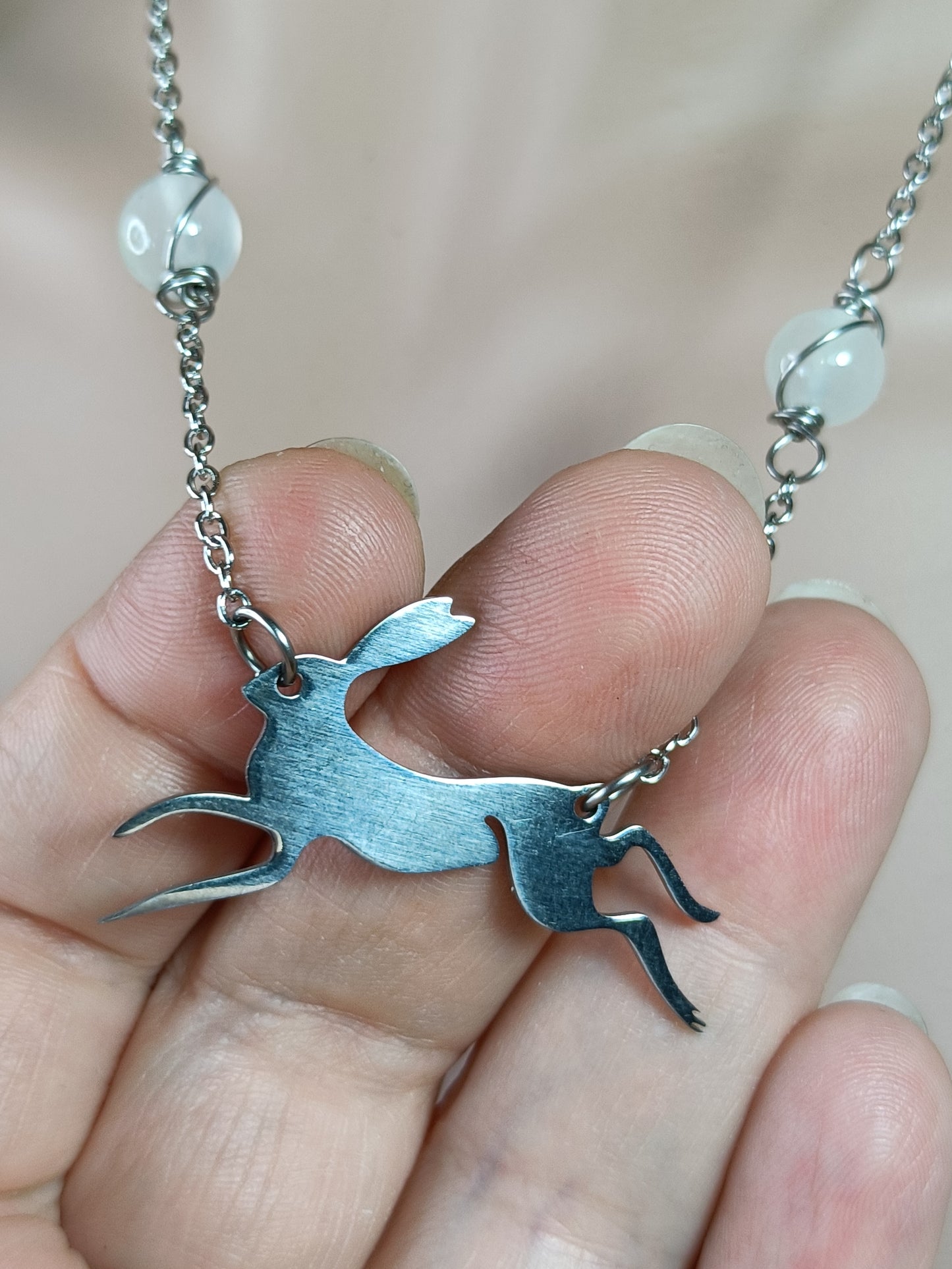 Selenite Dancing Rabbit Necklace - Stainless Steel