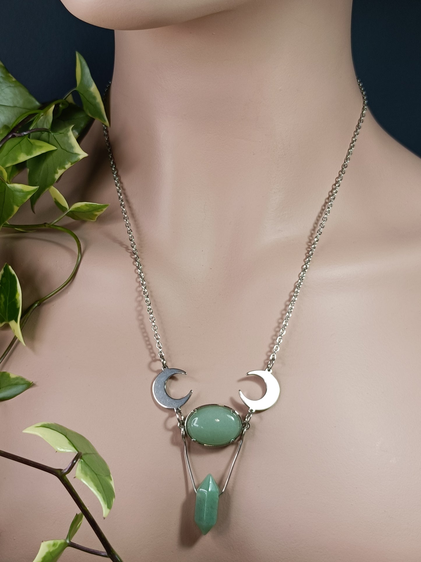 Green Adventurine Moon Necklace - Stainless Steel