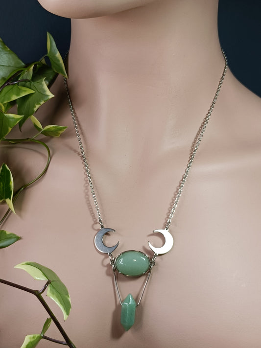 Green Adventurine Moon Necklace - Stainless Steel