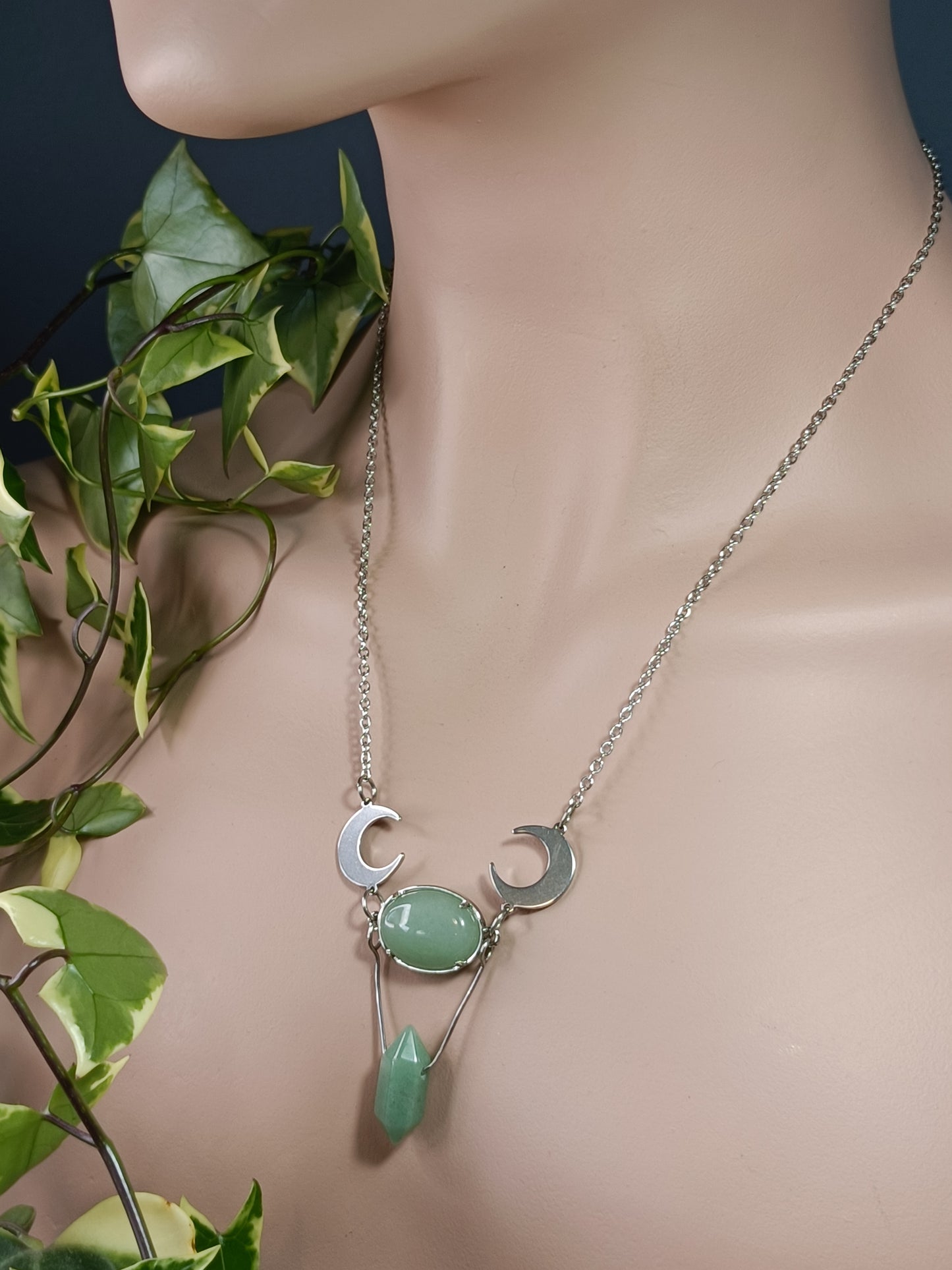 Green Adventurine Moon Necklace - Stainless Steel