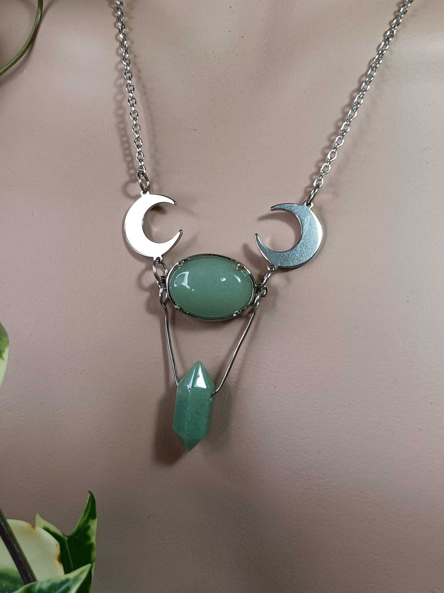 Green Adventurine Moon Necklace - Stainless Steel