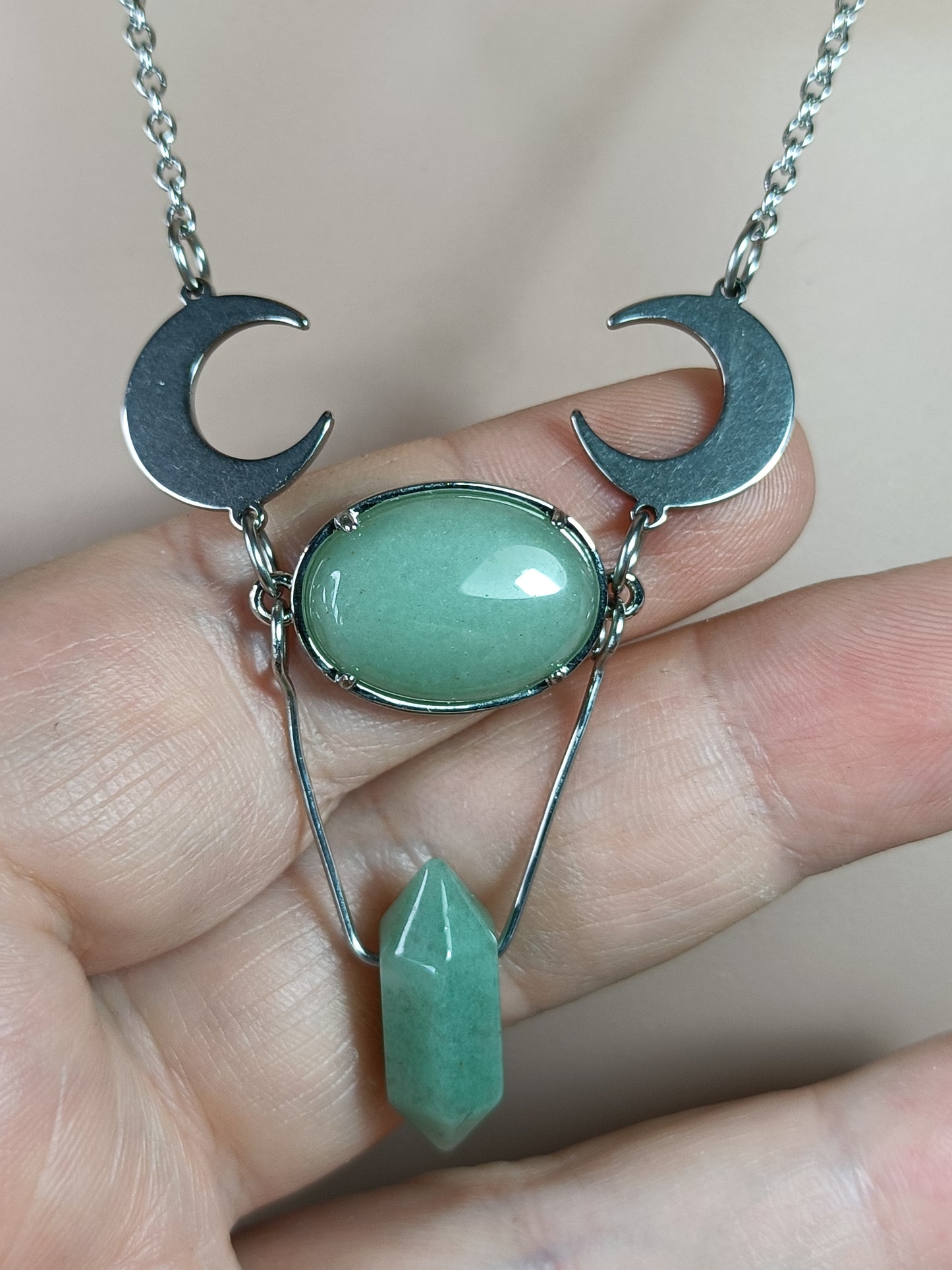 Green Adventurine Moon Necklace - Stainless Steel