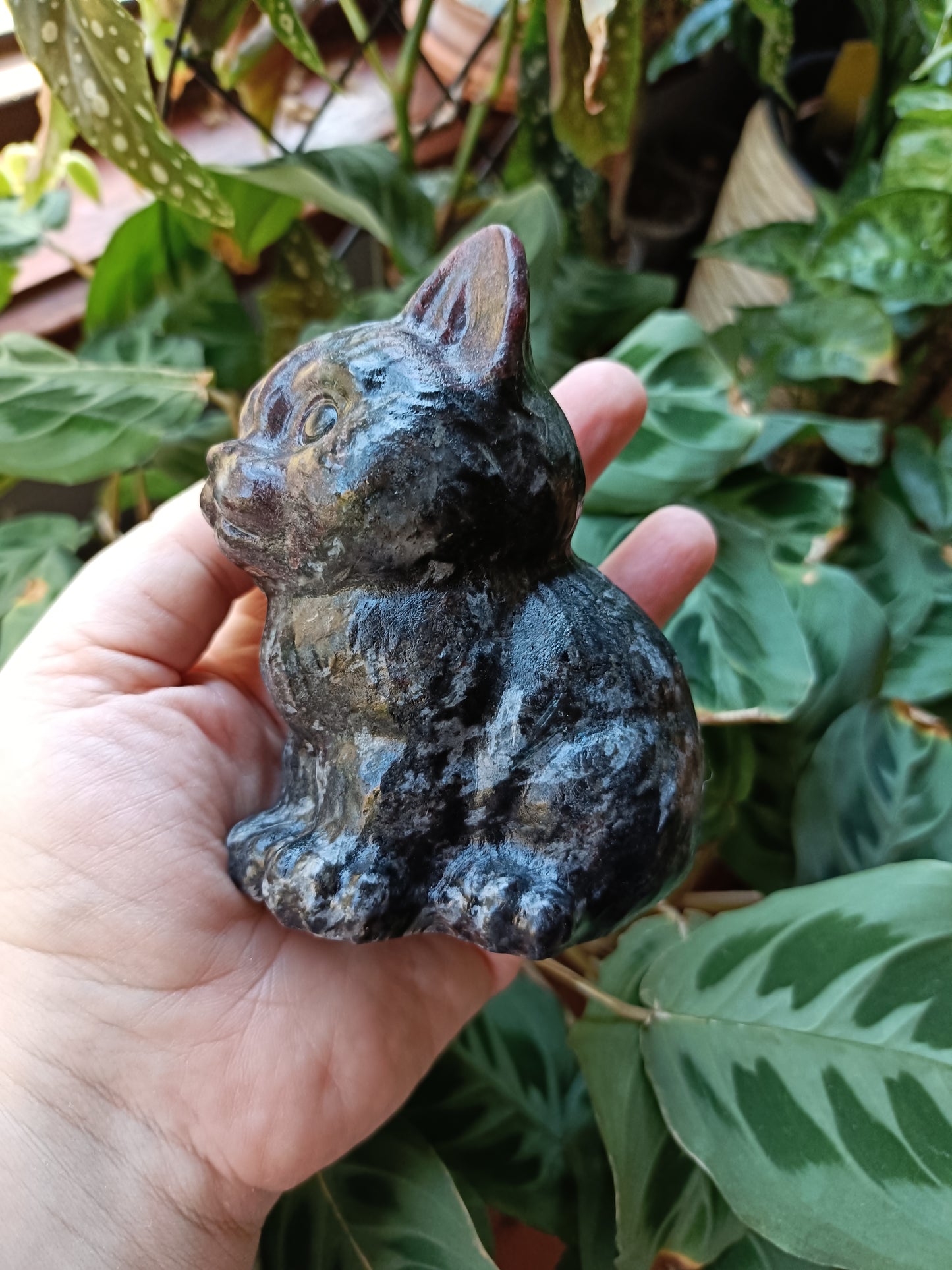 Garnet and Arfvedsonite Sitting Cat Carving - 770g