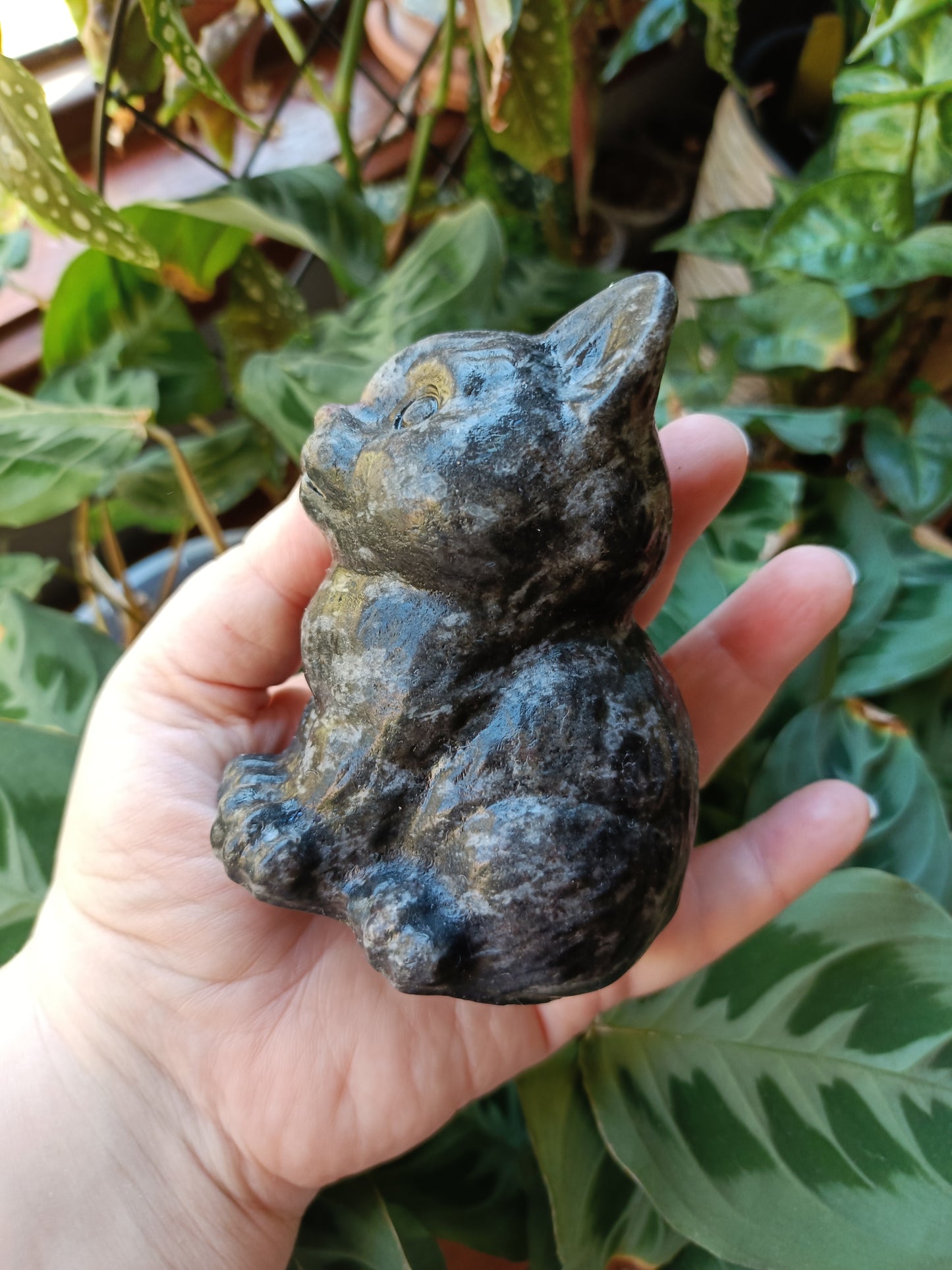 Garnet and Arfvedsonite Sitting Cat Carving - 734g