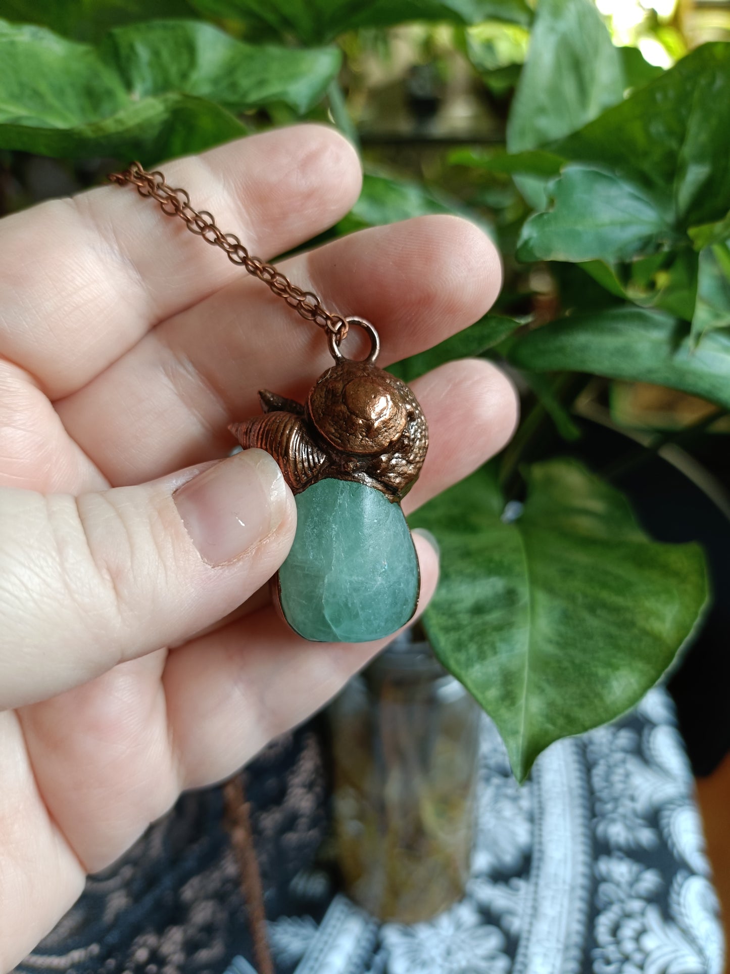 Handmade Green Fluorite and Real Shell Pendant Necklace