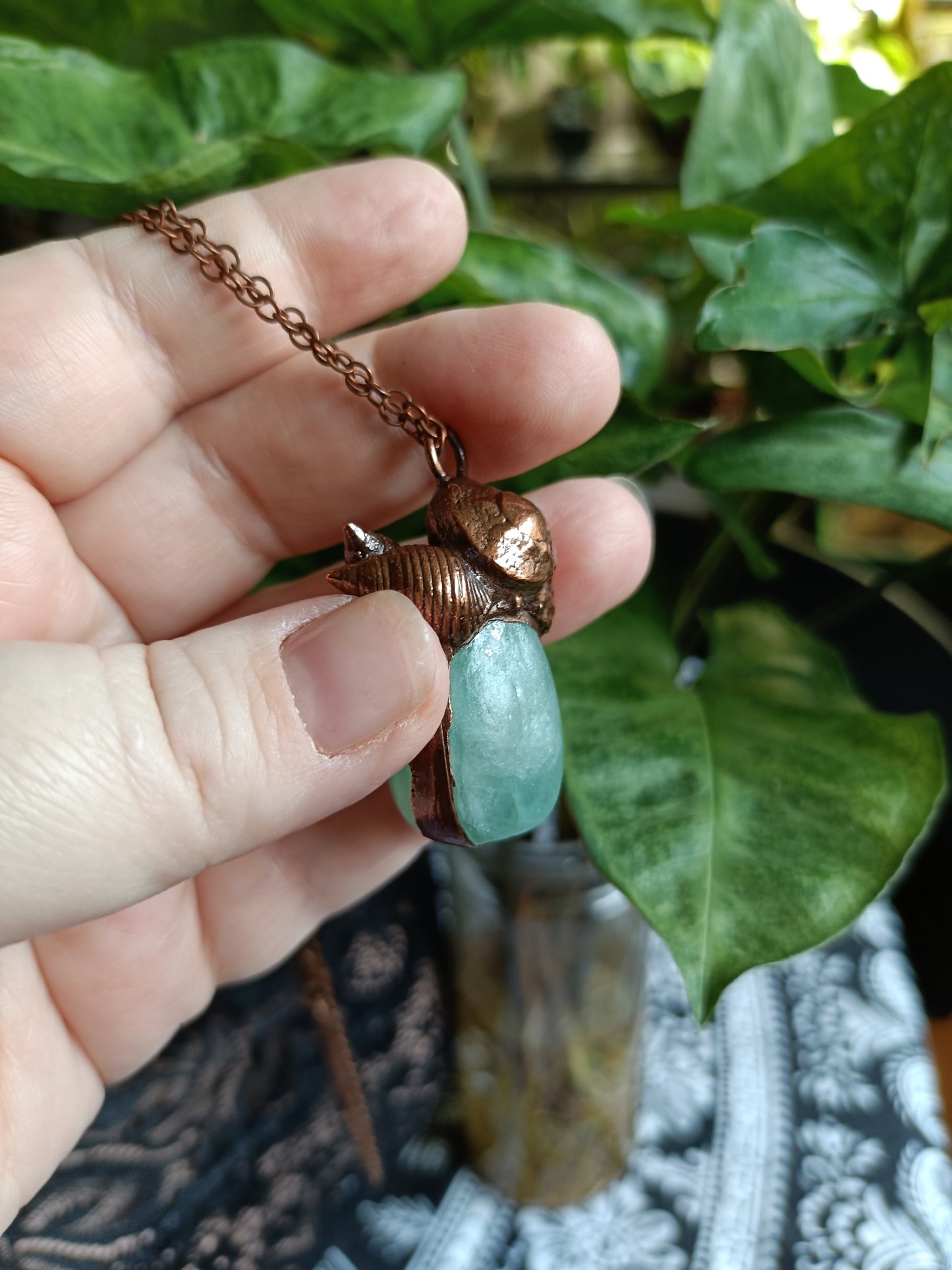 Handmade Green Fluorite and Real Shell Pendant Necklace