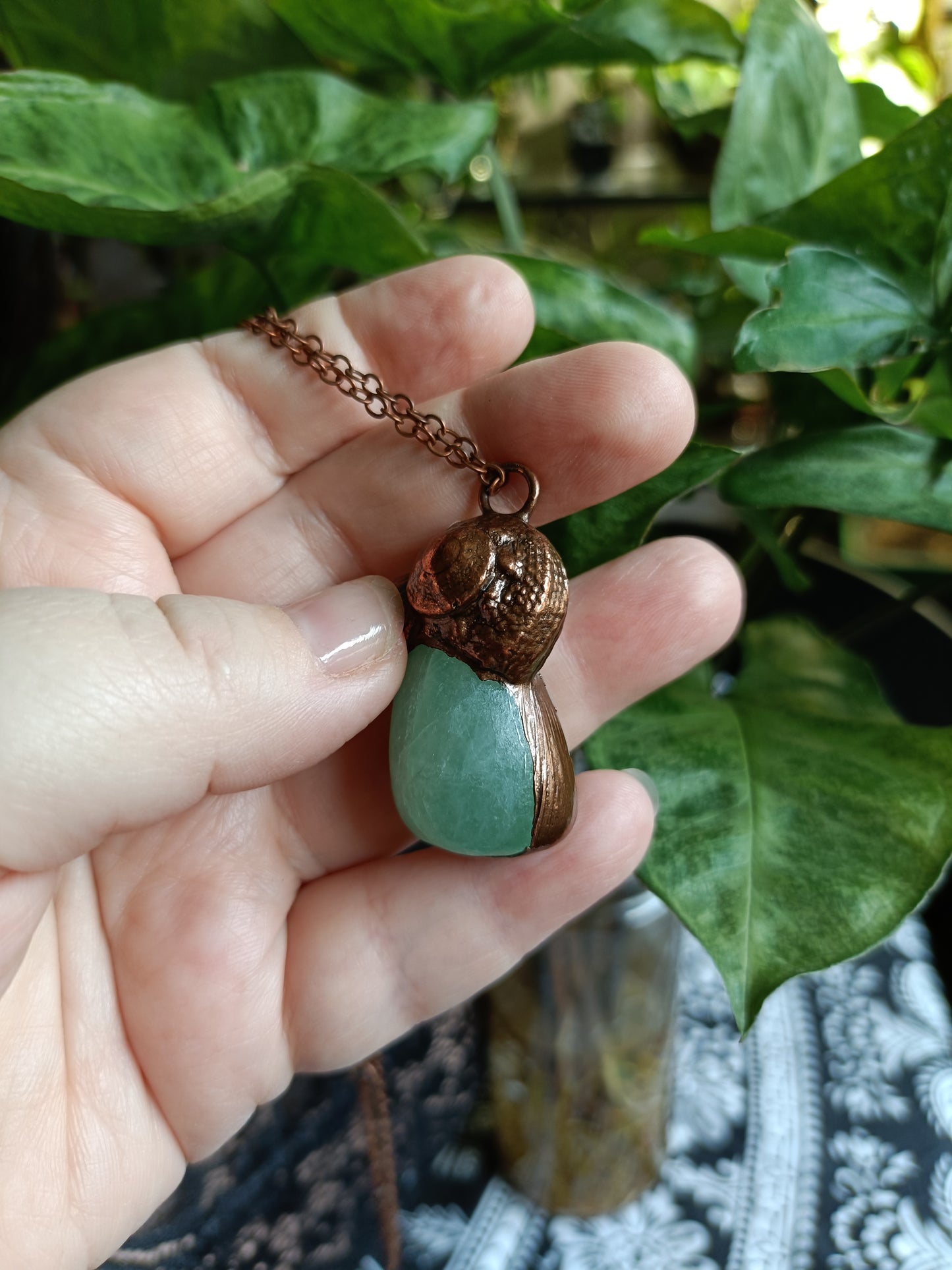 Handmade Green Fluorite and Real Shell Pendant Necklace