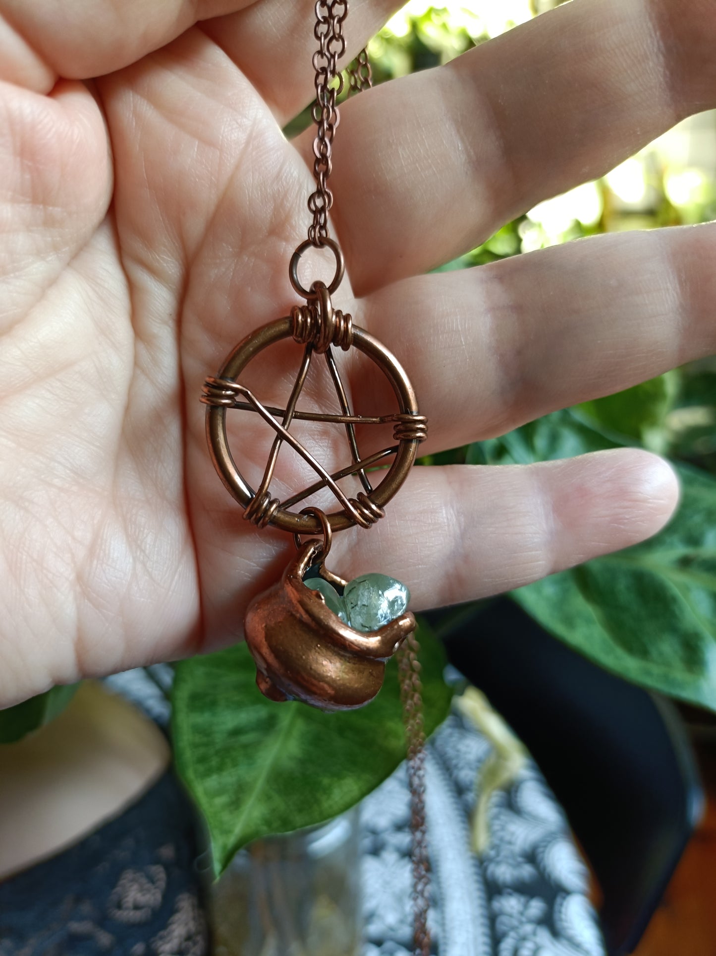 Handmade Prehnite Pentagram and Cauldron Pendant Necklace