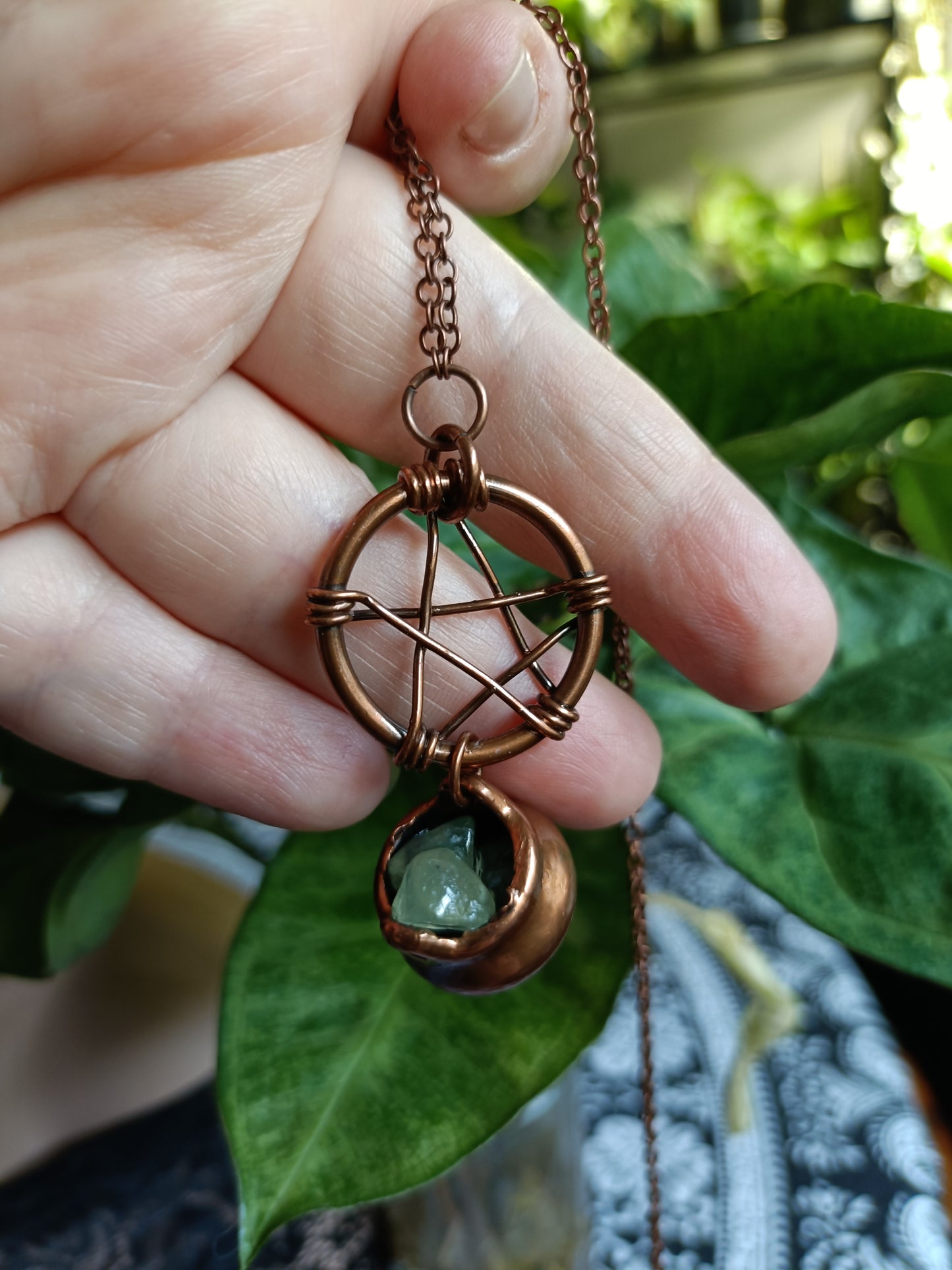 Handmade Prehnite Pentagram and Cauldron Pendant Necklace