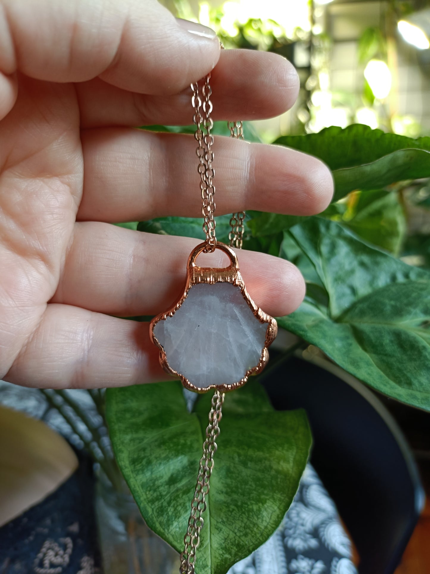 Handmade Rose Quartz Shell Copper Electroformed Pendant Necklace