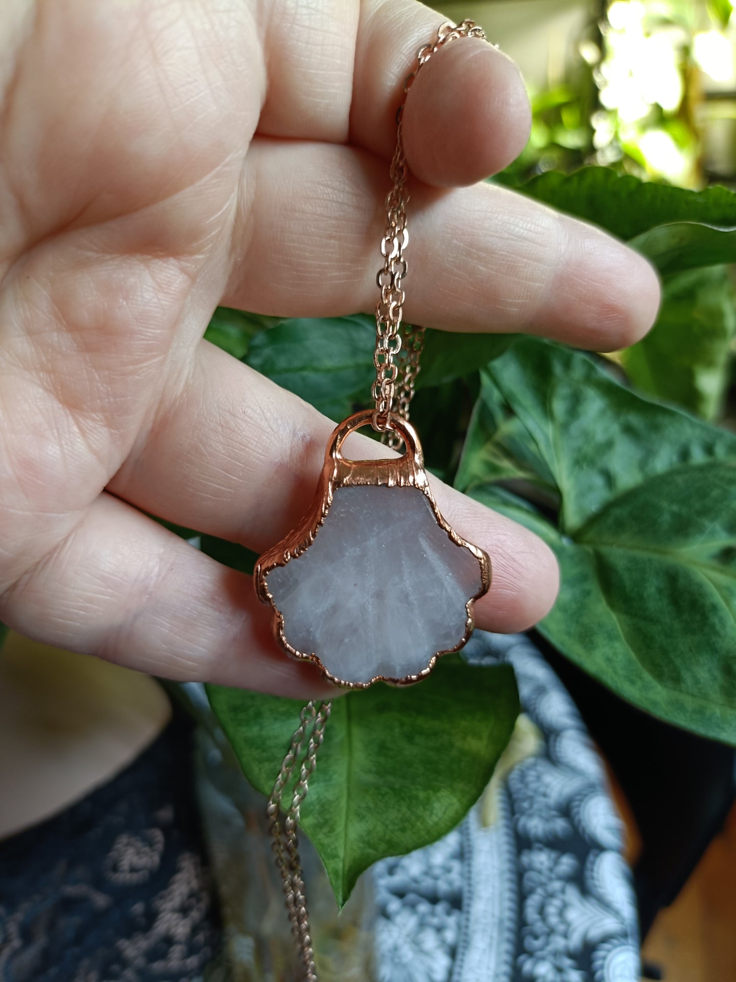 Handmade Rose Quartz Shell Copper Electroformed Pendant Necklace