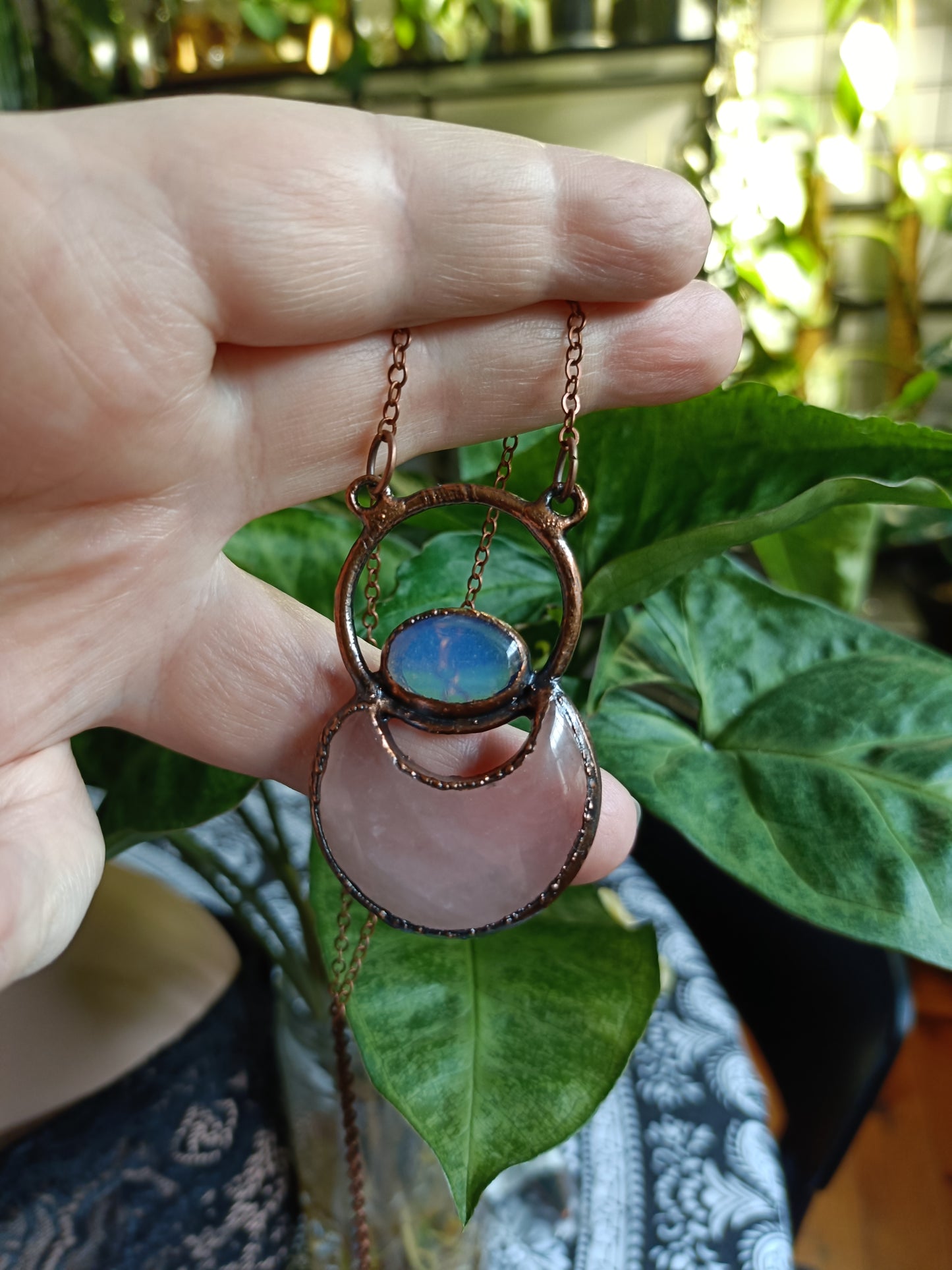 Rose Quartz Moon and Opalite Talisman Necklace