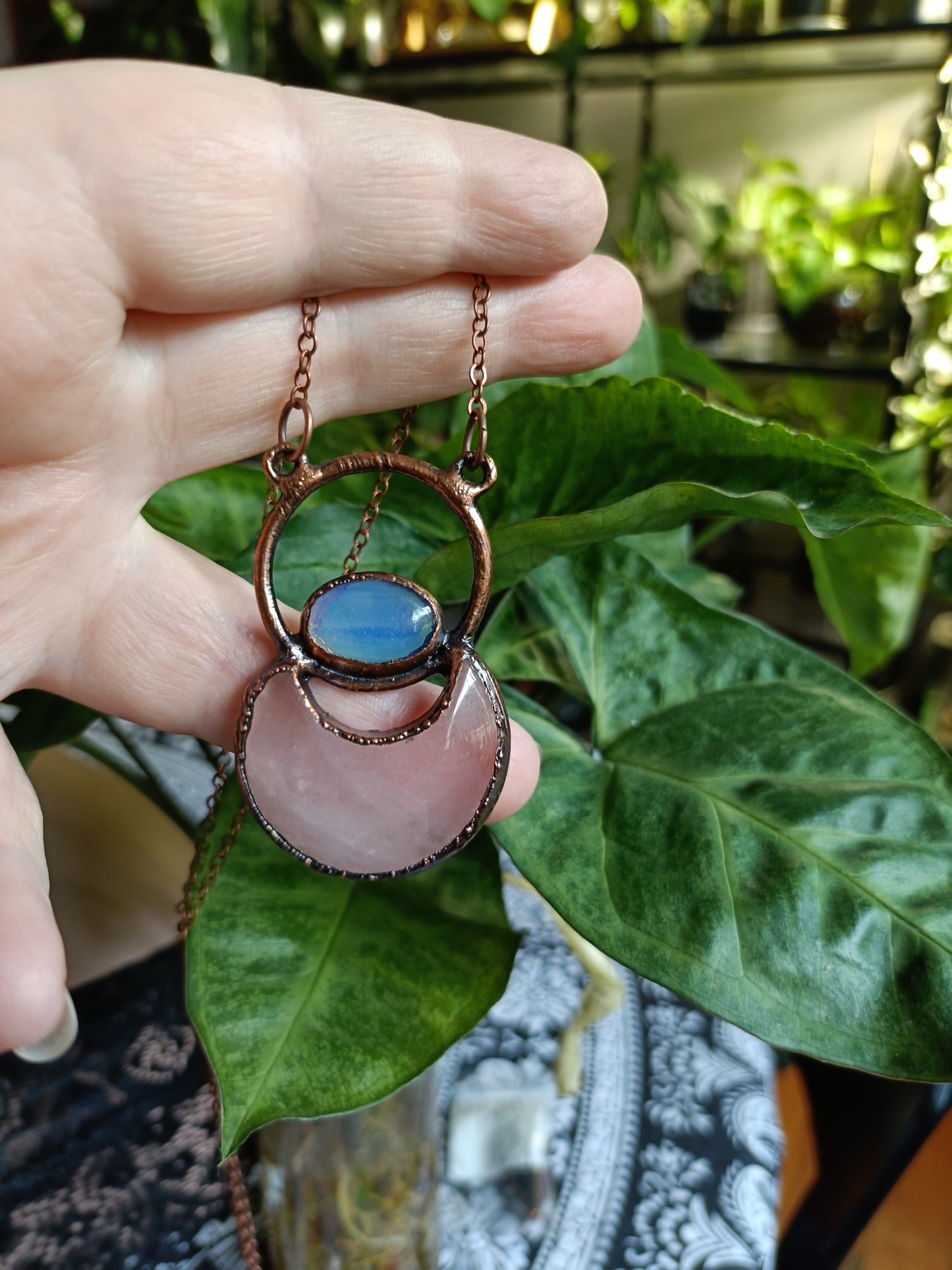 Rose Quartz Moon and Opalite Talisman Necklace