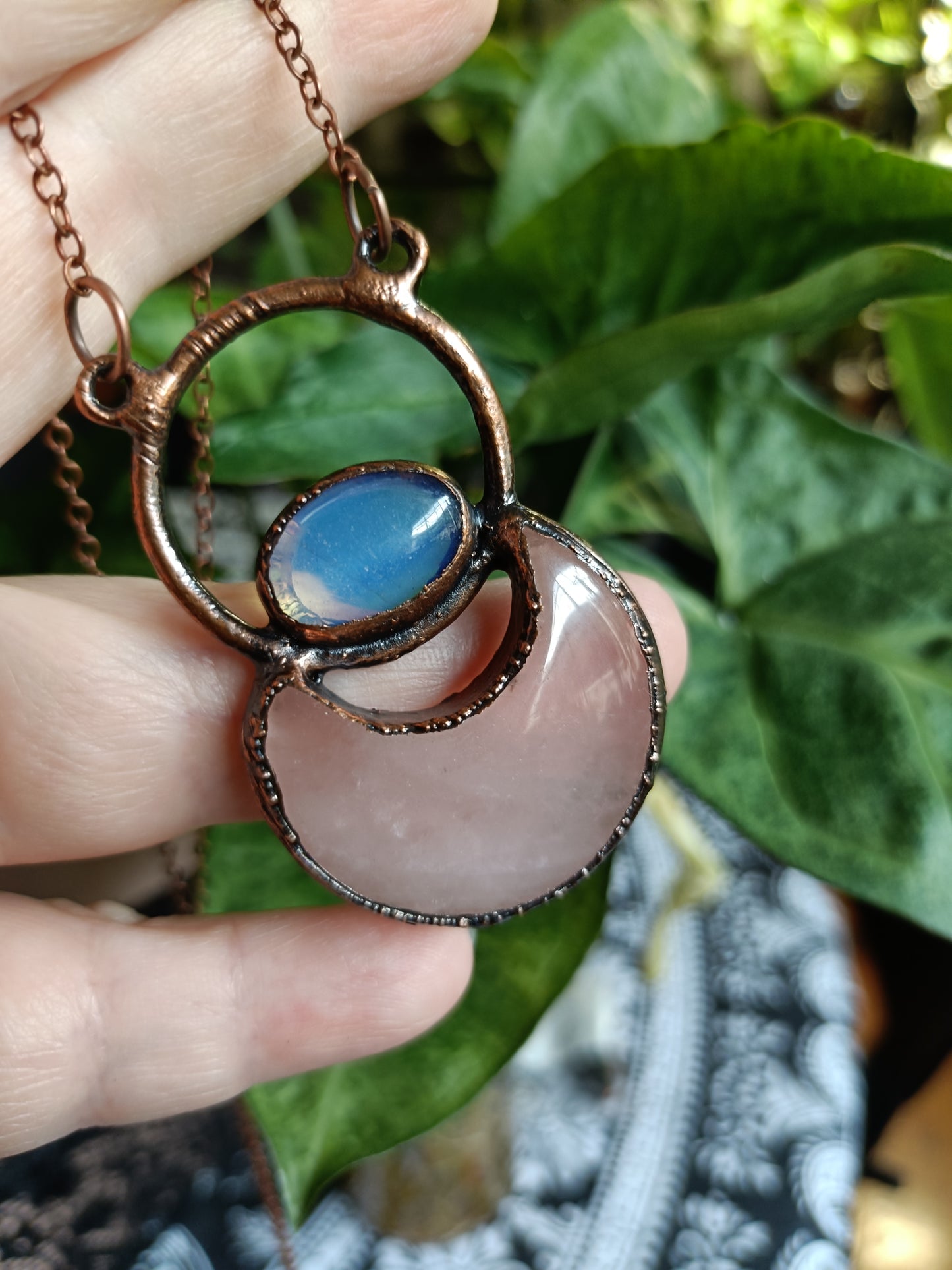 Rose Quartz Moon and Opalite Talisman Necklace