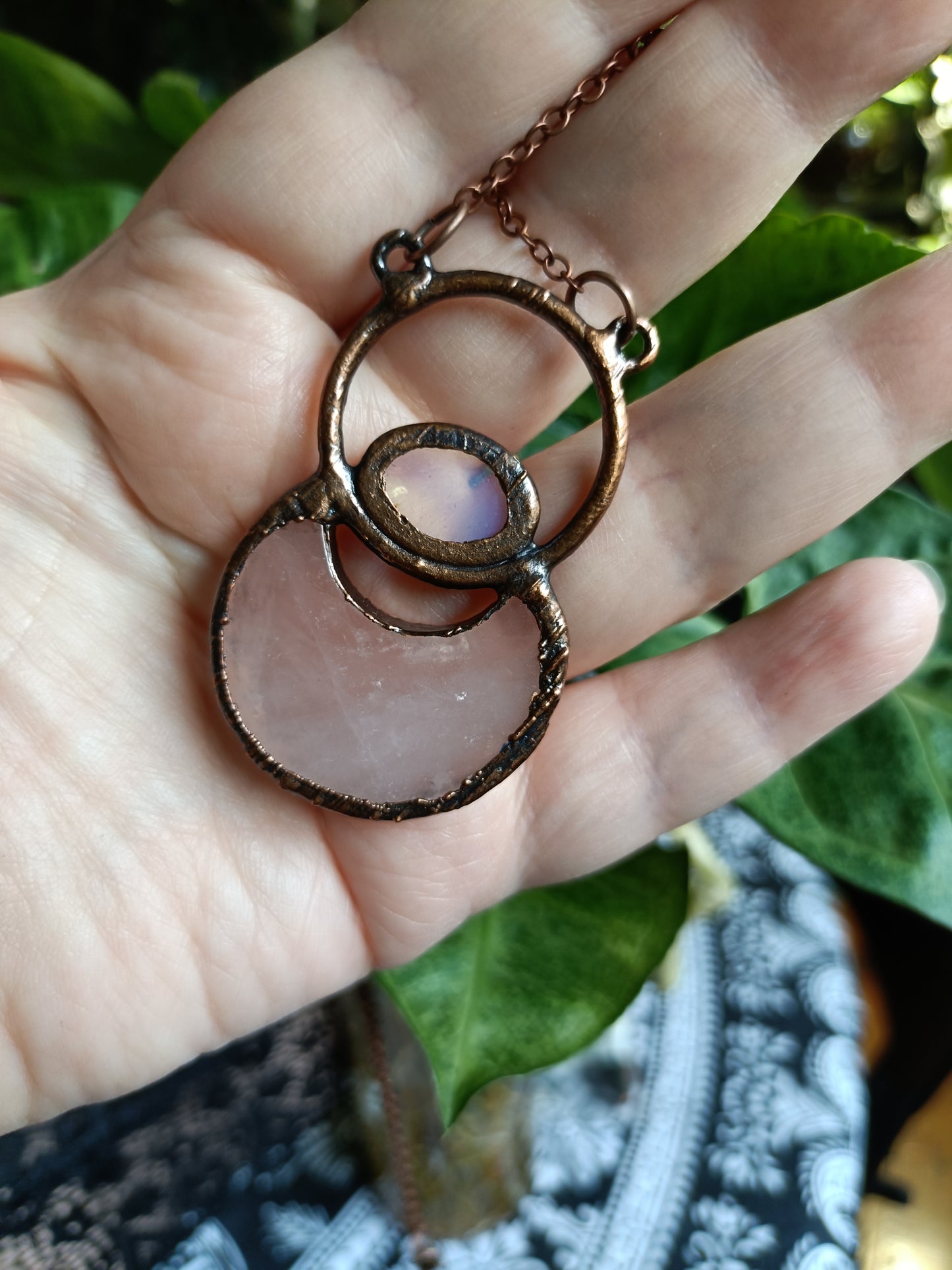 Rose Quartz Moon and Opalite Talisman Necklace