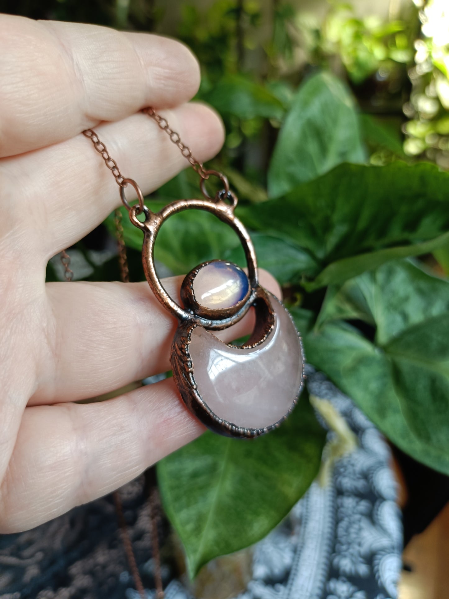 Rose Quartz Moon and Opalite Talisman Necklace