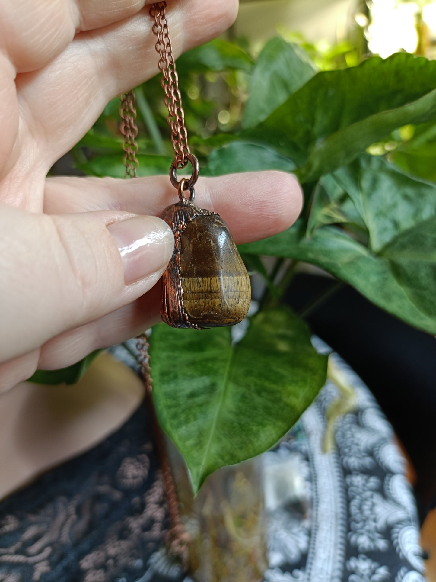 Tigers Eye Tumble Stone Copper Electroformed Pendant Necklace
