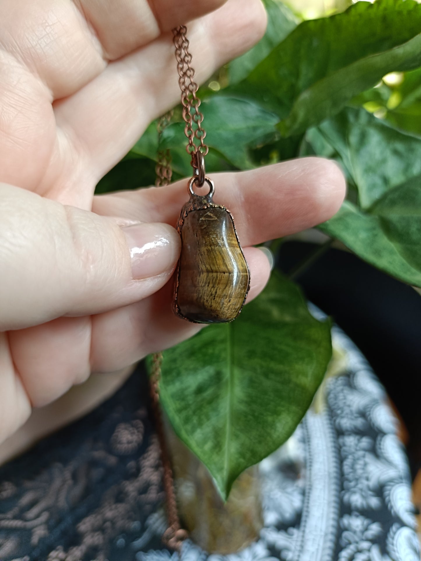 Tigers Eye Tumble Stone Copper Electroformed Pendant Necklace