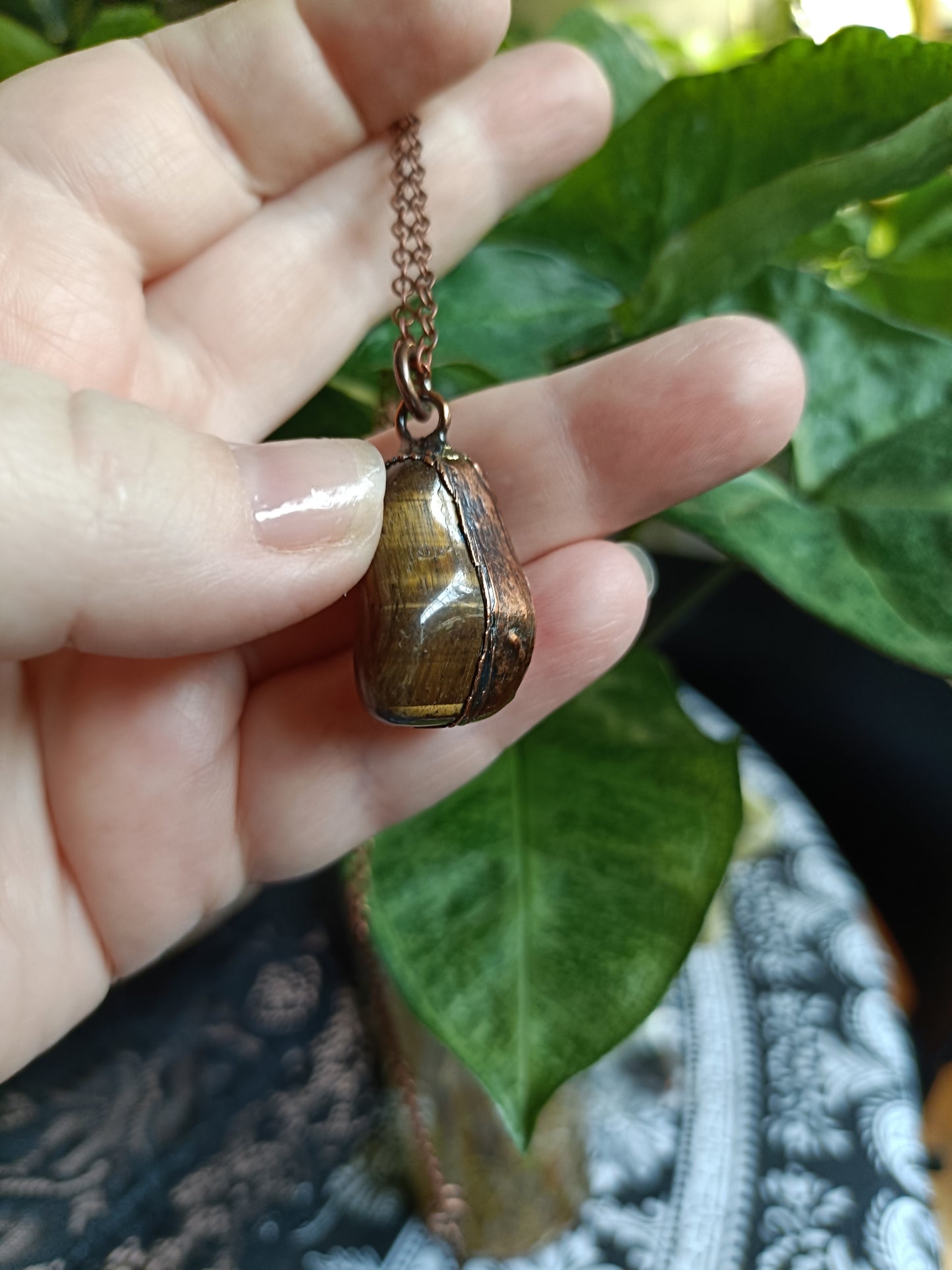Tigers Eye Tumble Stone Copper Electroformed Pendant Necklace