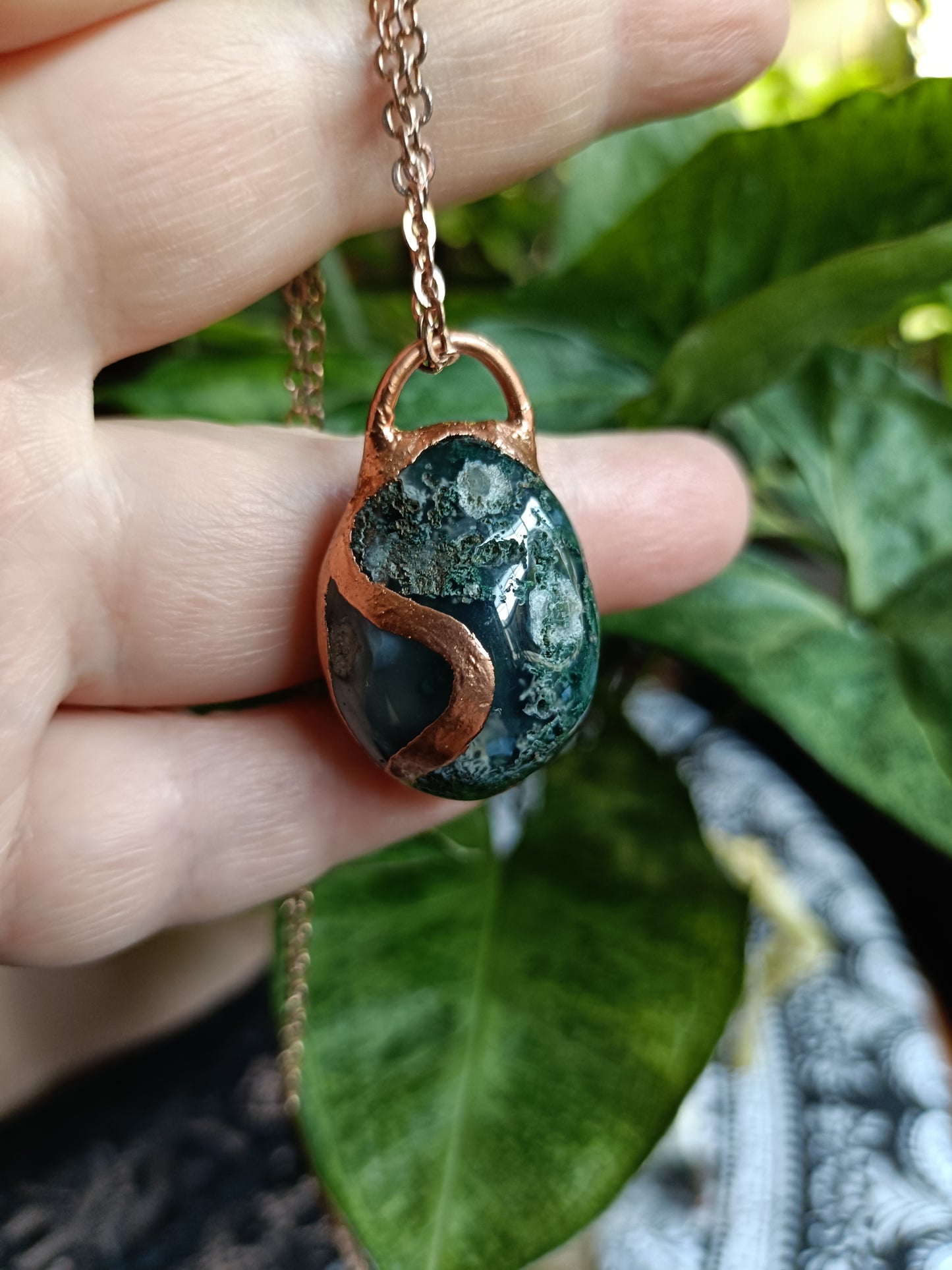 Moss Agate Tumble Stone Copper Electroformed Pendant Necklace