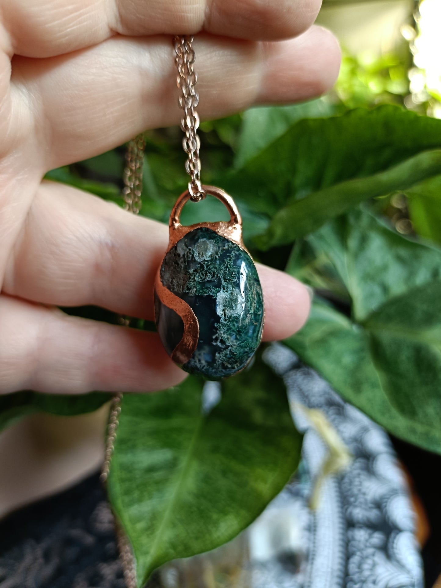 Moss Agate Tumble Stone Copper Electroformed Pendant Necklace