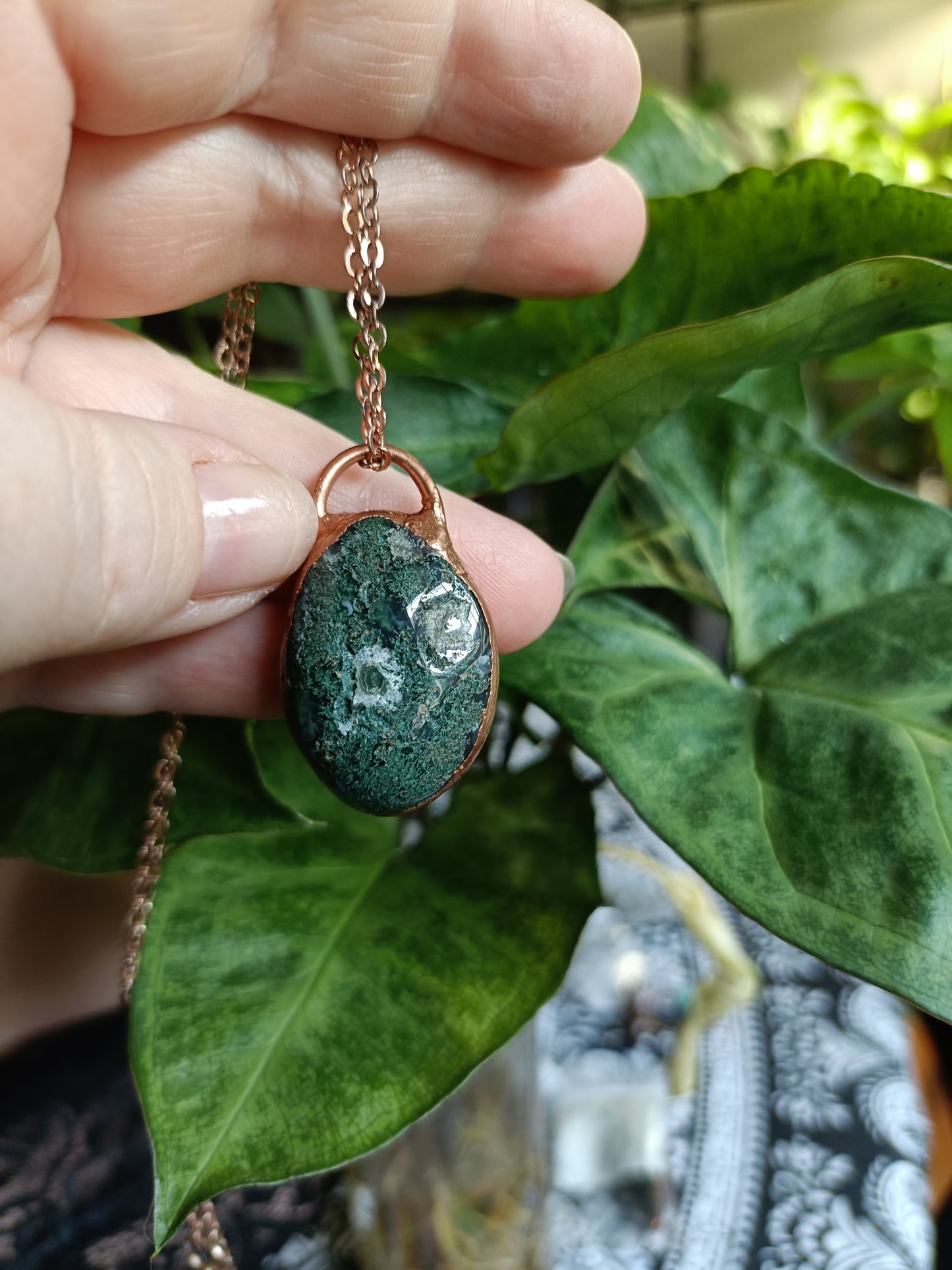 Moss Agate Tumble Stone Copper Electroformed Pendant Necklace