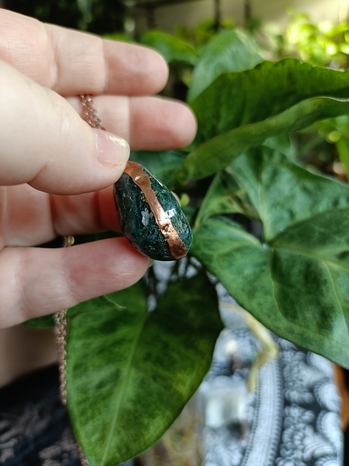 Moss Agate Tumble Stone Copper Electroformed Pendant Necklace