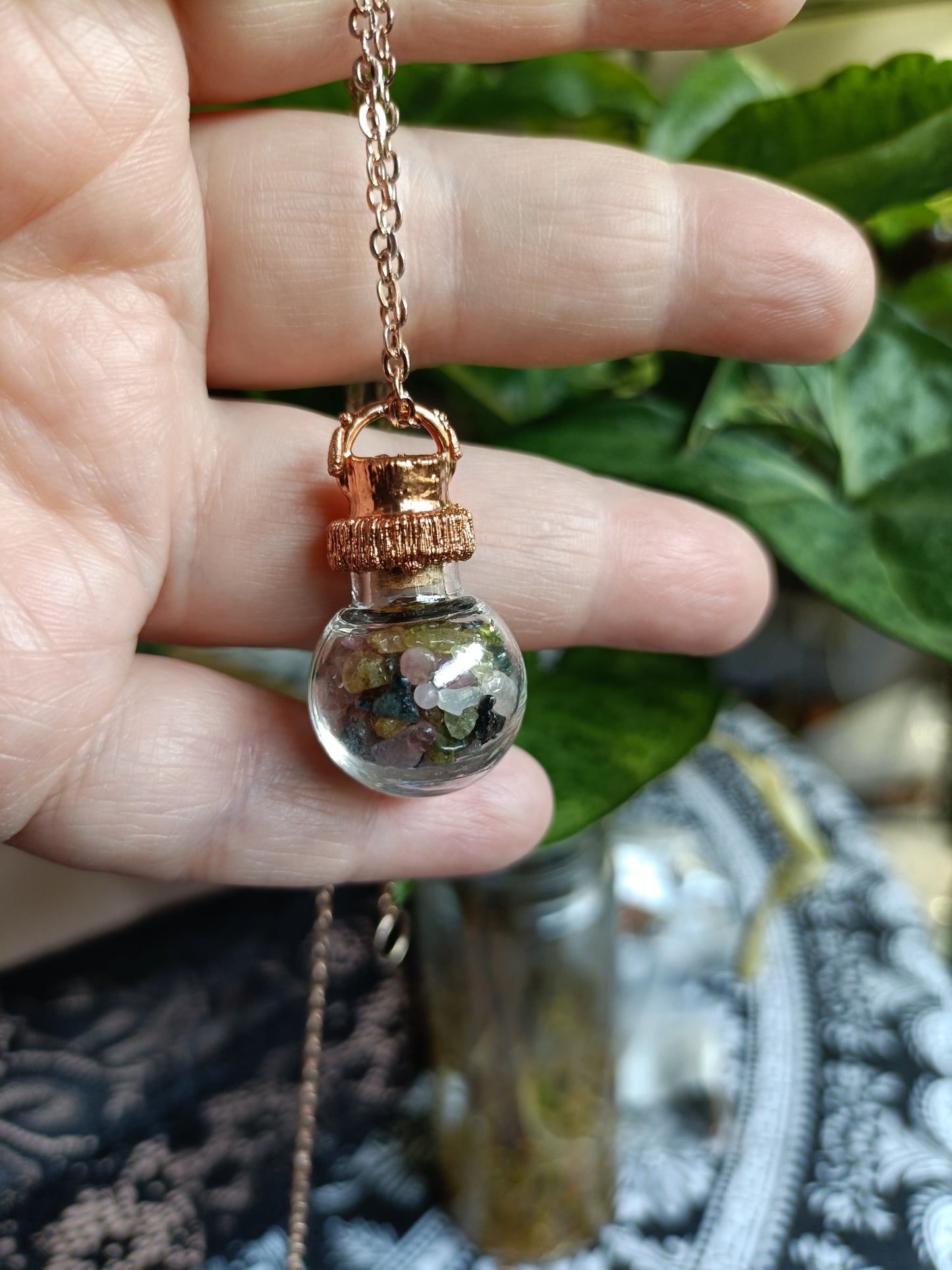 Mixed Tourmaline Round Glass Vial Copper Electroformed Pendant Necklace