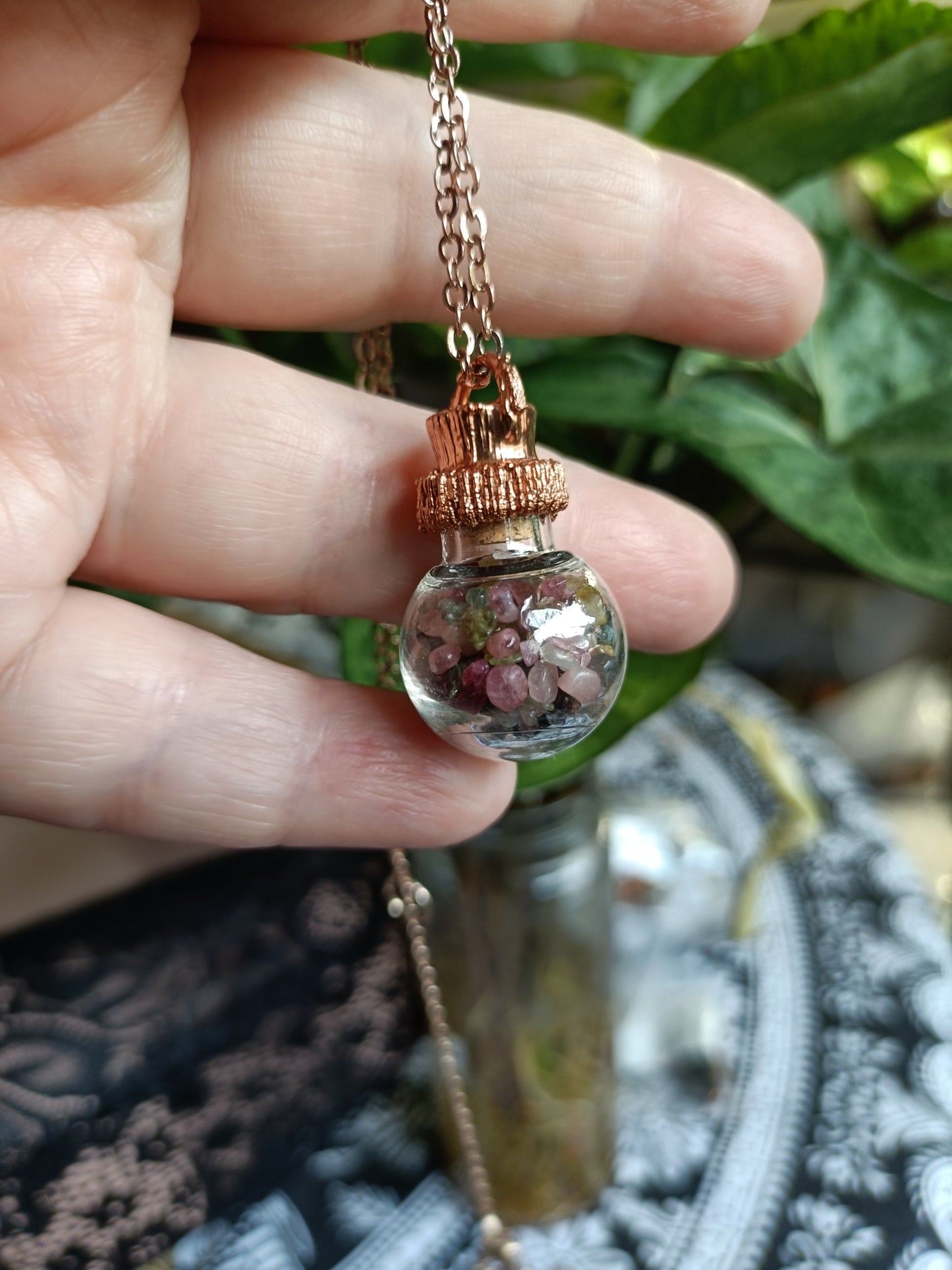 Mixed Tourmaline Round Glass Vial Copper Electroformed Pendant Necklace